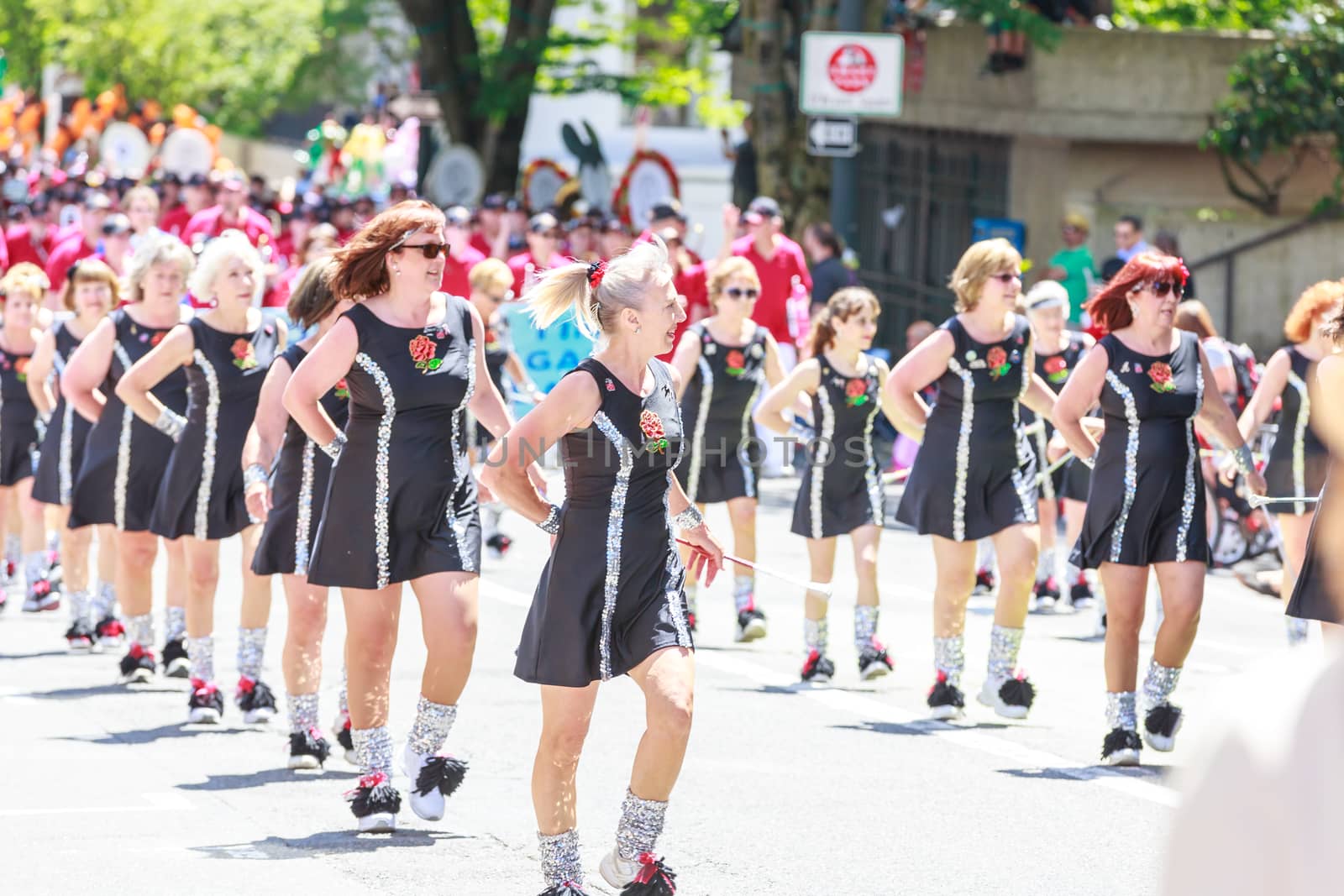 Portland, Oregon, USA - JUNE 7, 2014:, One More Time Around Again Marching Band in Grand floral parade through Portland downtown.