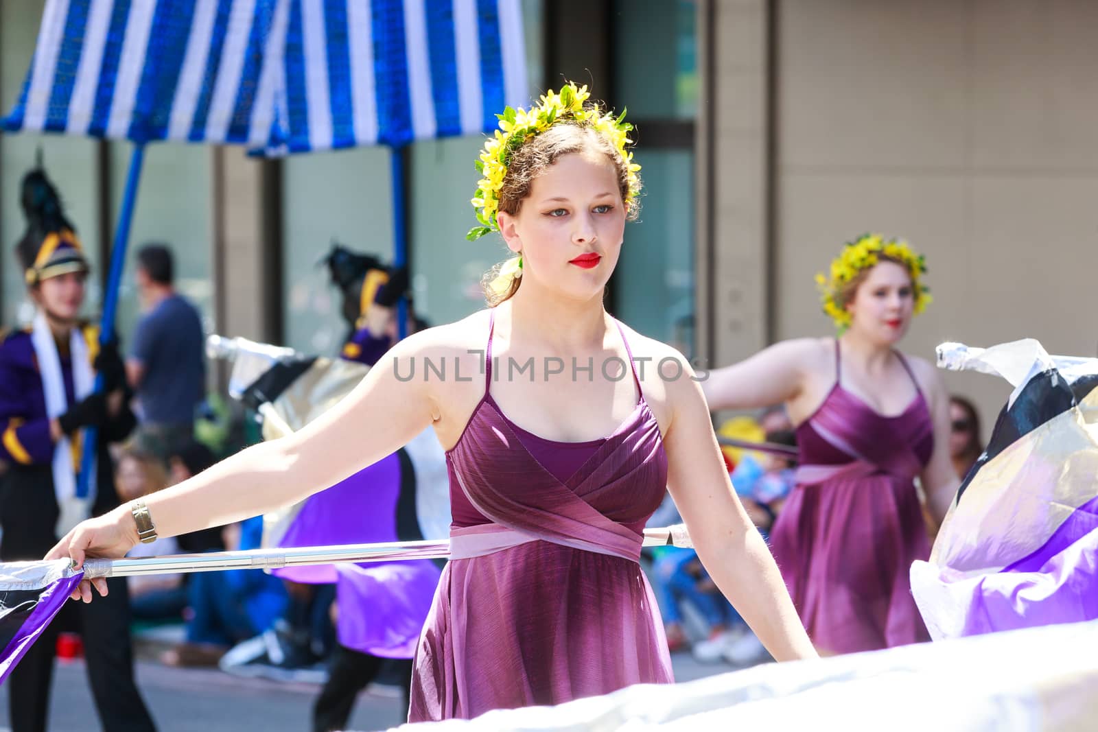 Portland, Oregon, USA - JUNE 7, 2014: Columbia River High School Marching Band in Grand floral parade through Portland downtown.