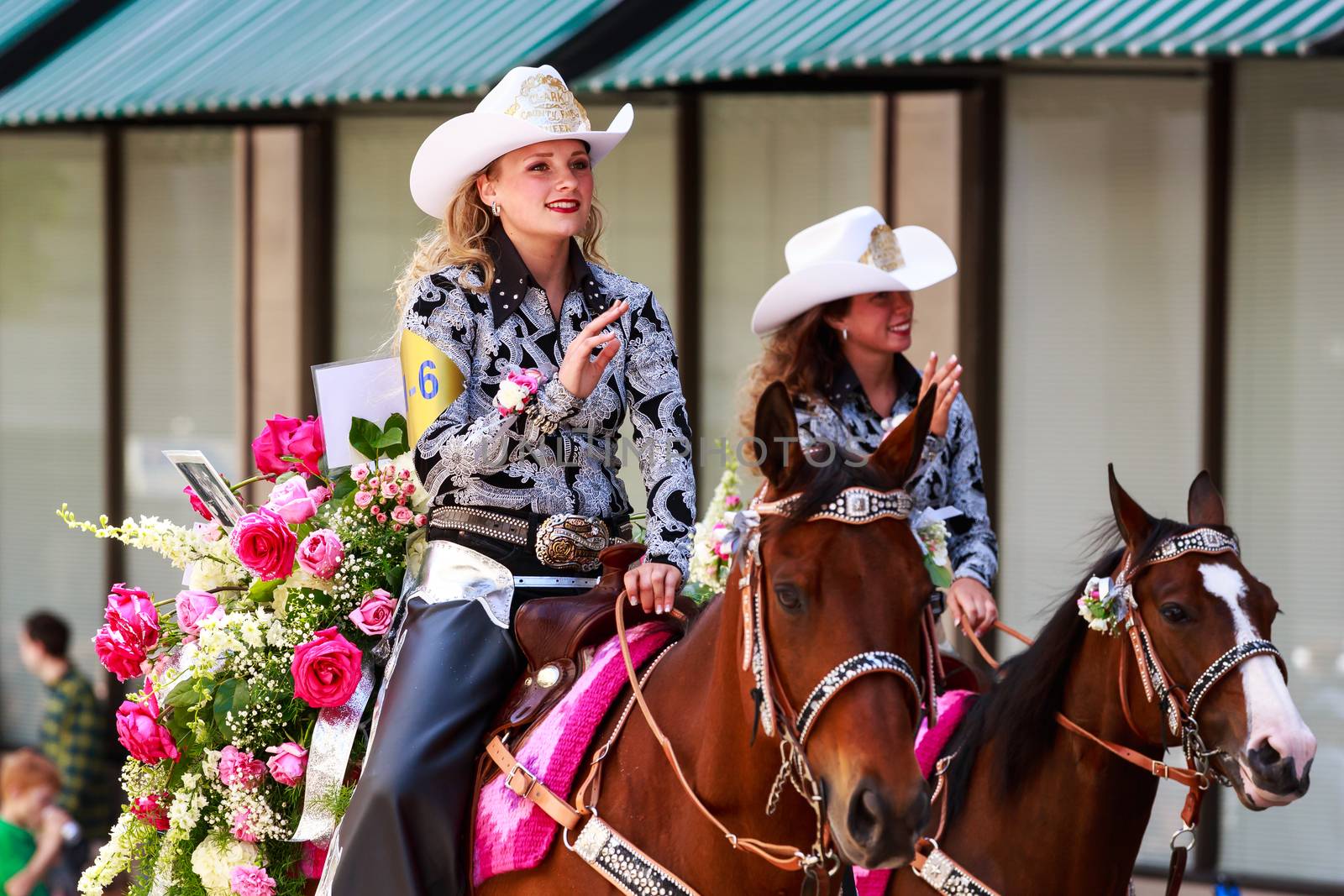 Portland, Oregon, USA - JUNE 7, 2014: Clark County Fair Court in Grand floral parade through Portland downtown.