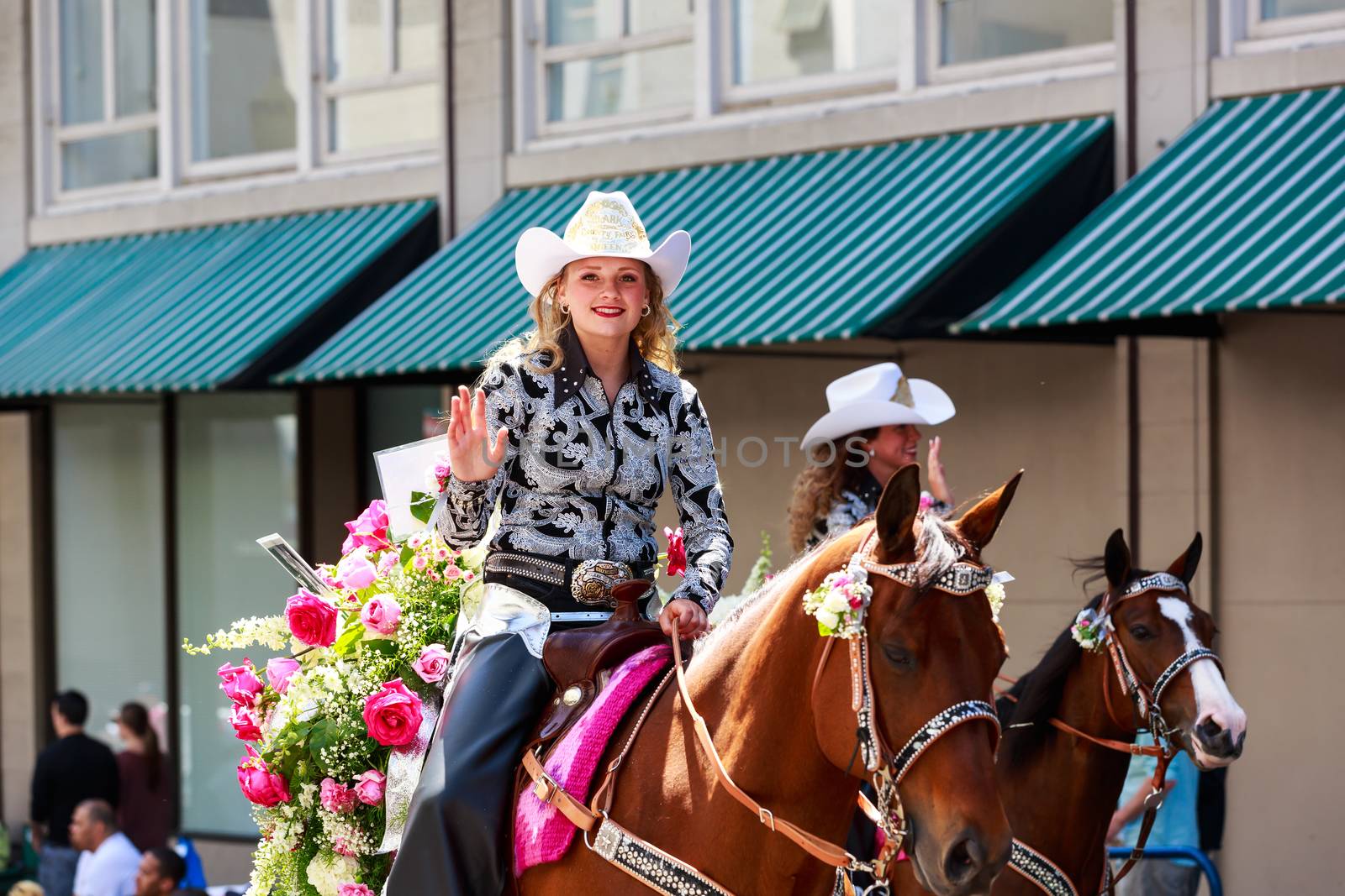 Portland, Oregon, USA - JUNE 7, 2014: Clark County Fair Court in Grand floral parade through Portland downtown.