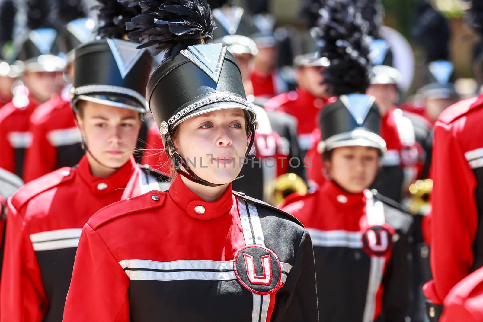 Portland, Oregon, USA - JUNE 7, 2014: Union High School Marching Band in Grand floral parade through Portland downtown.