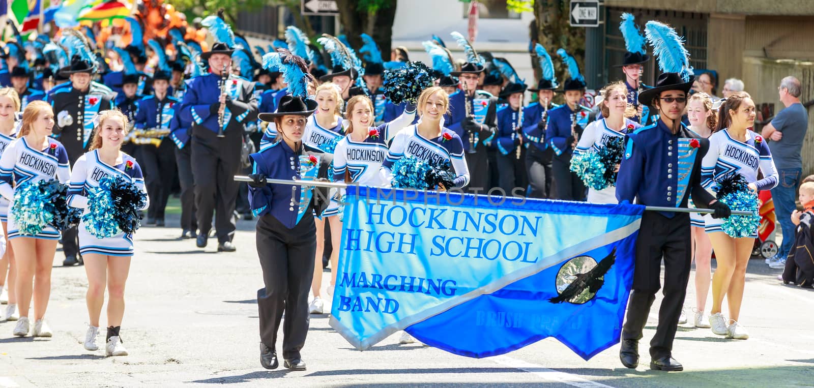 Portland, Oregon, USA - JUNE 7, 2014: Hockinson High School Marching Band in Grand floral parade through Portland downtown.