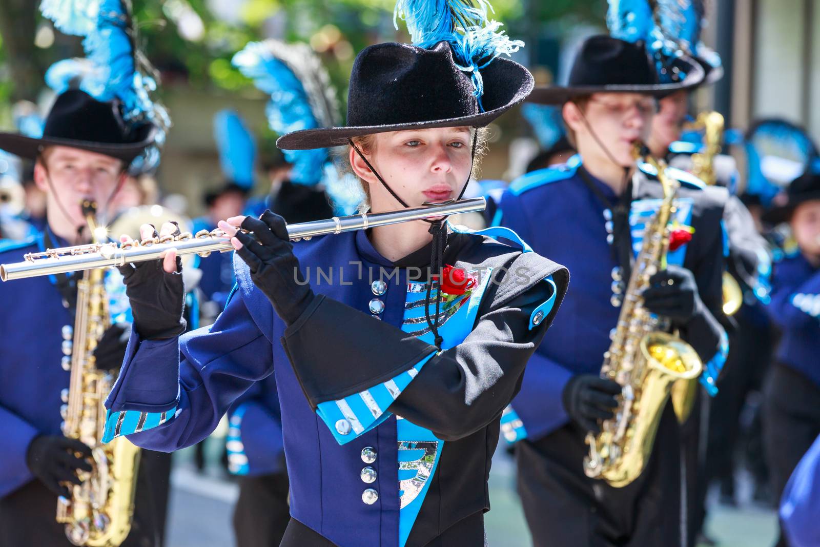 Portland, Oregon, USA - JUNE 7, 2014: Hockinson High School Marching Band in Grand floral parade through Portland downtown.