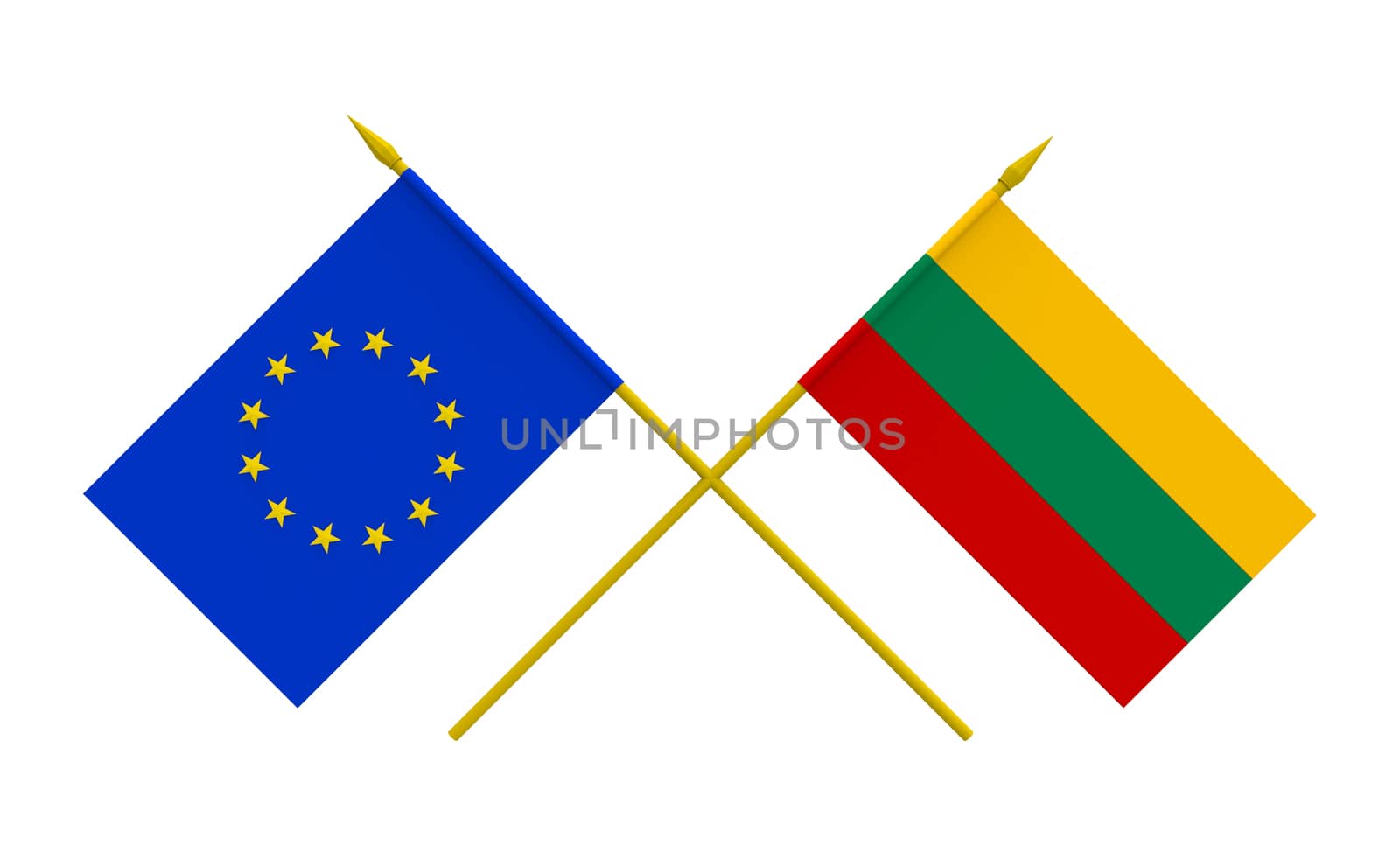 Flags of Lithuania and European Union, 3d render, isolated on white