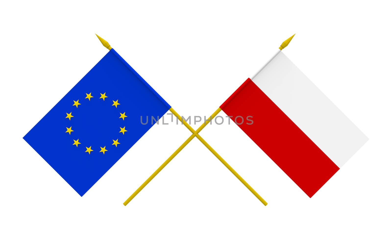 Flags of Poland and European Union, 3d render, isolated on white