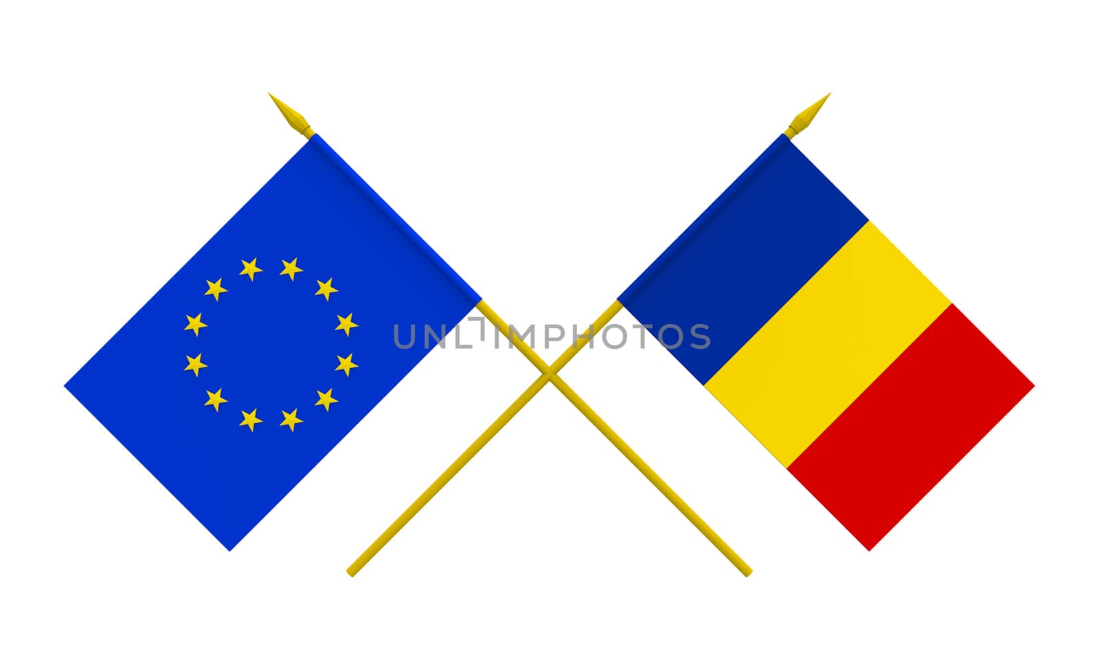 Flags of Romania and European Union, 3d render, isolated on white
