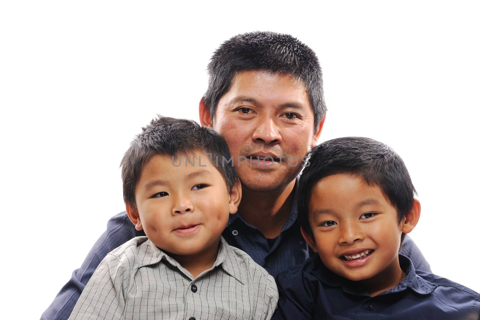 Asian father hug sons looking happy