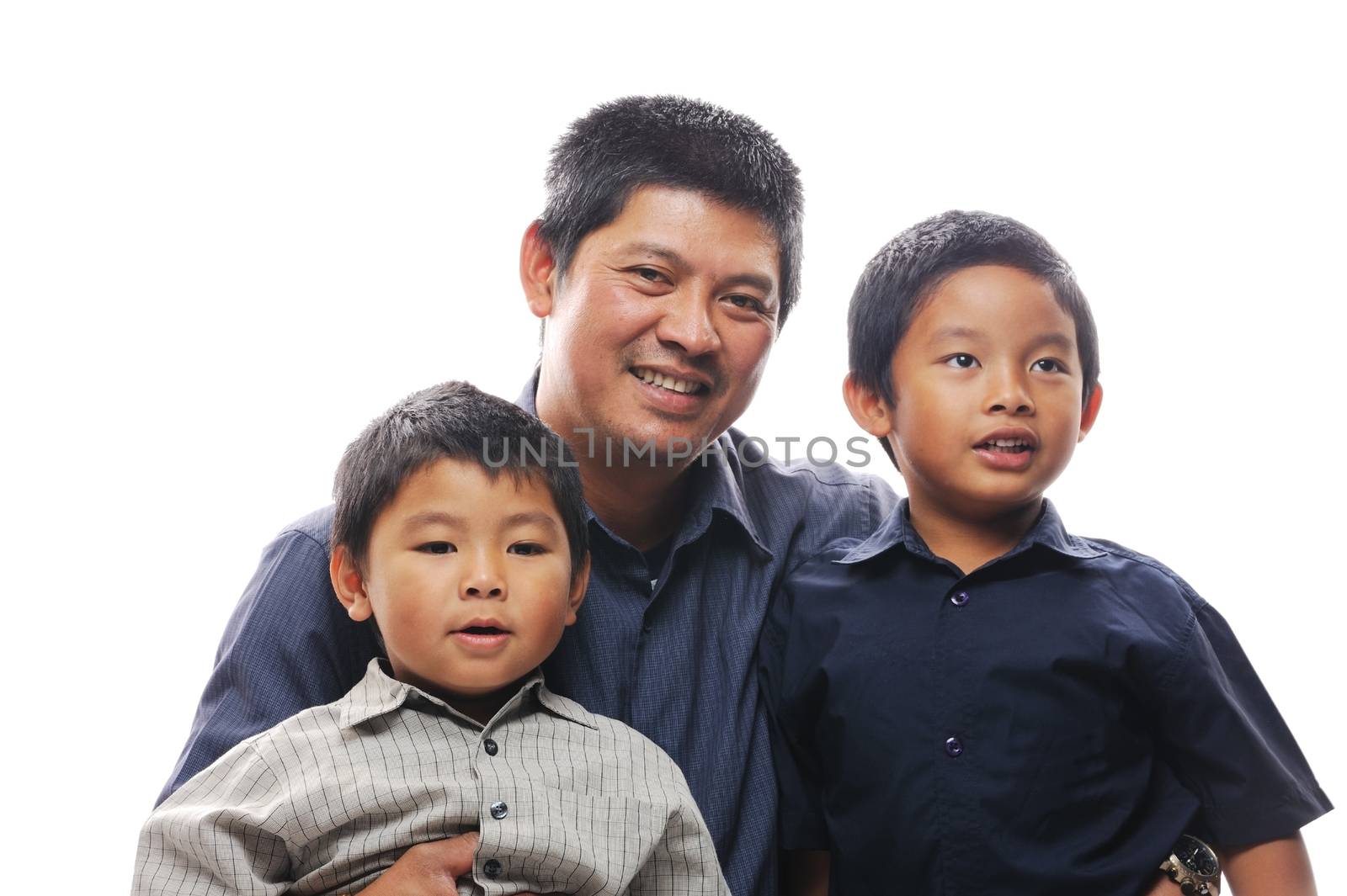 Smiling asian father with two sons
