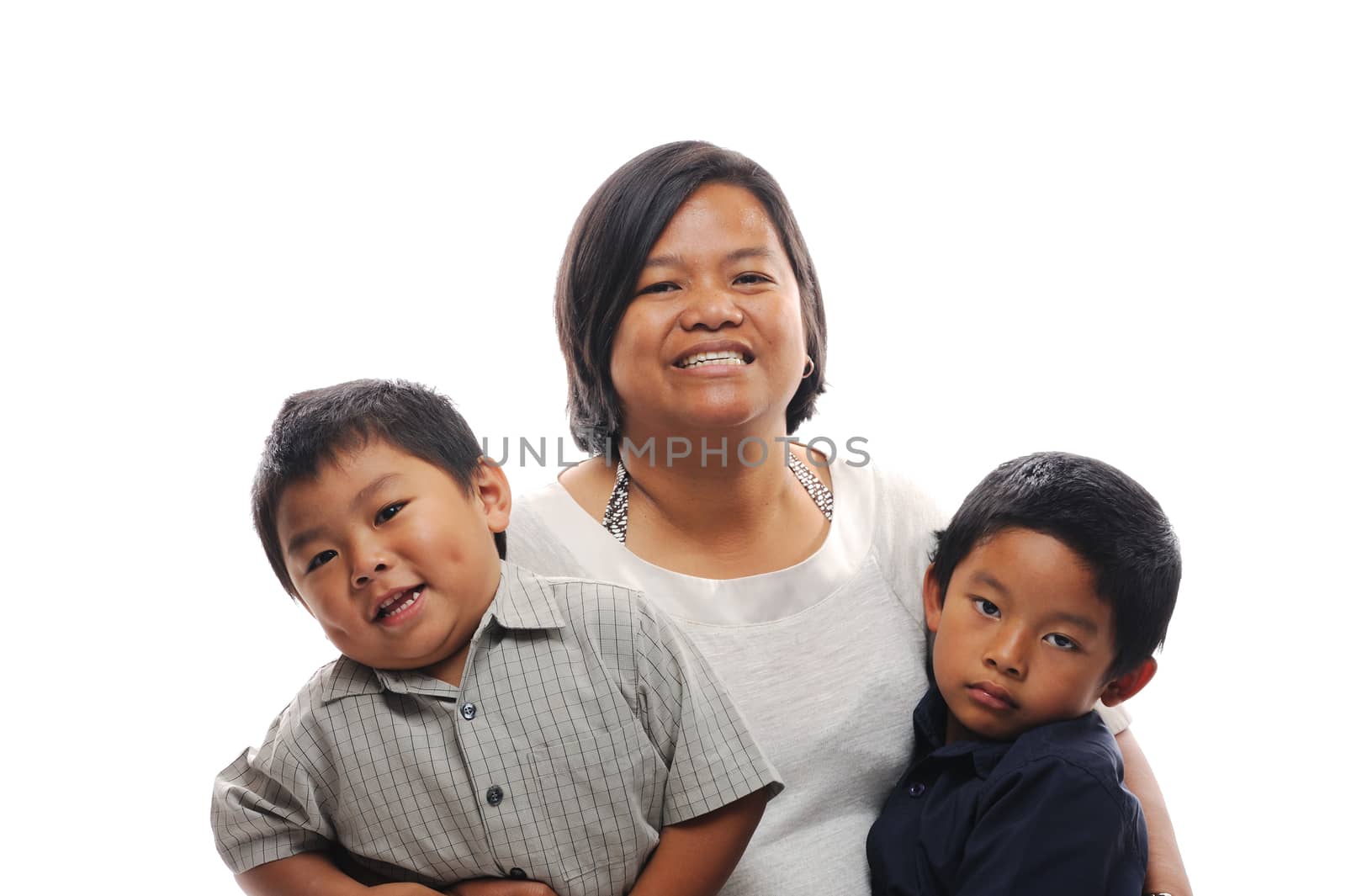 Asian mother with two young sons with isolated background