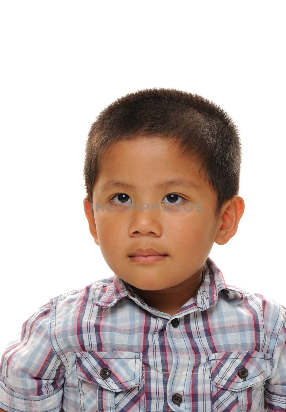 Asian boy wearing fashionable shirt with white background