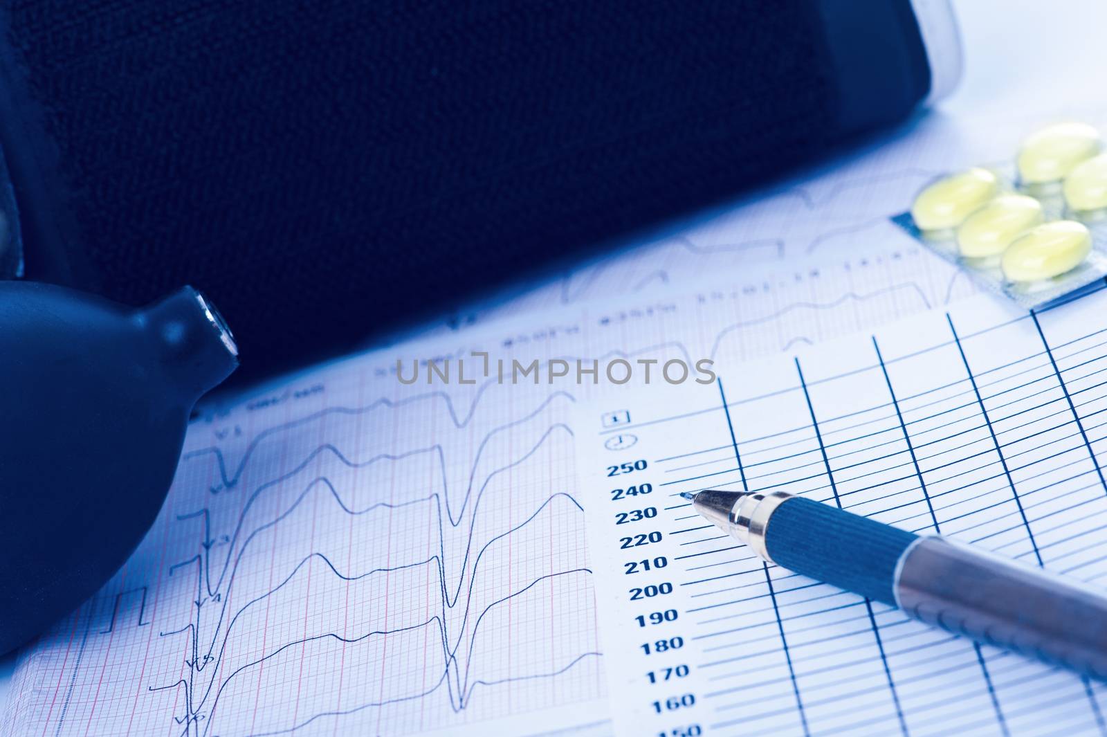 Medical still life toned in blue with cardiogram, heart pressure chart and pills