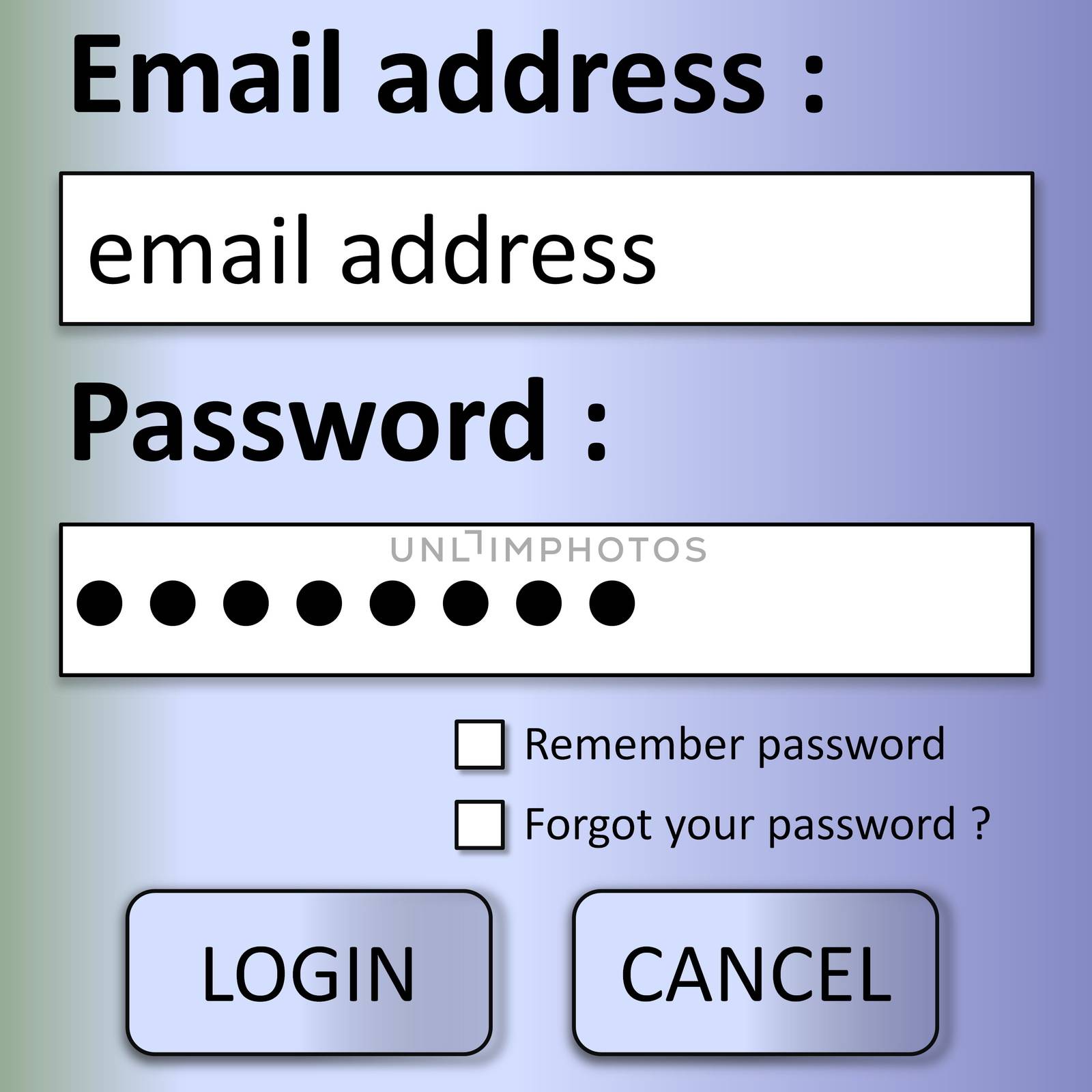 Login form with email address, password and buttons