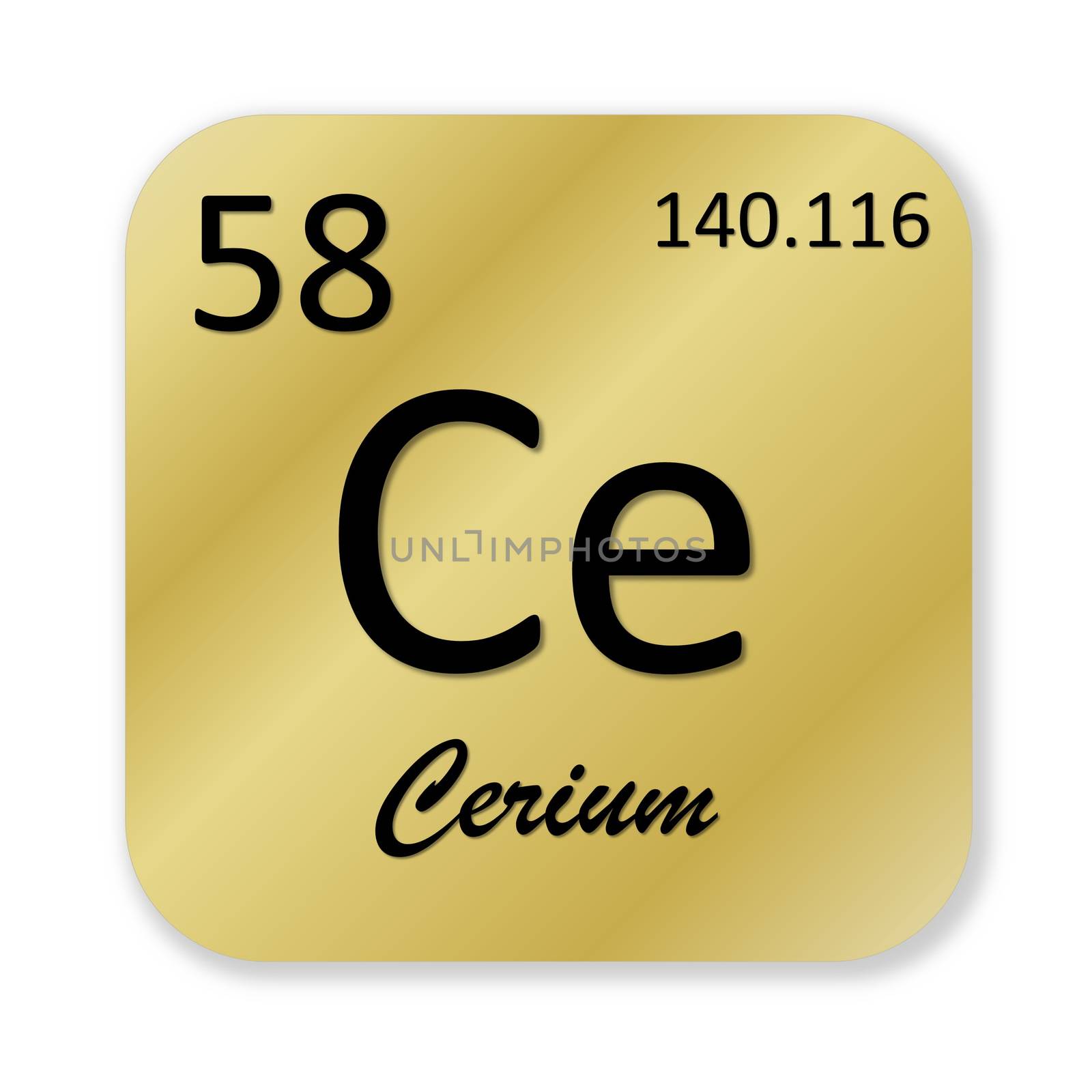 Black cerium element into golden square shape isolated in white background