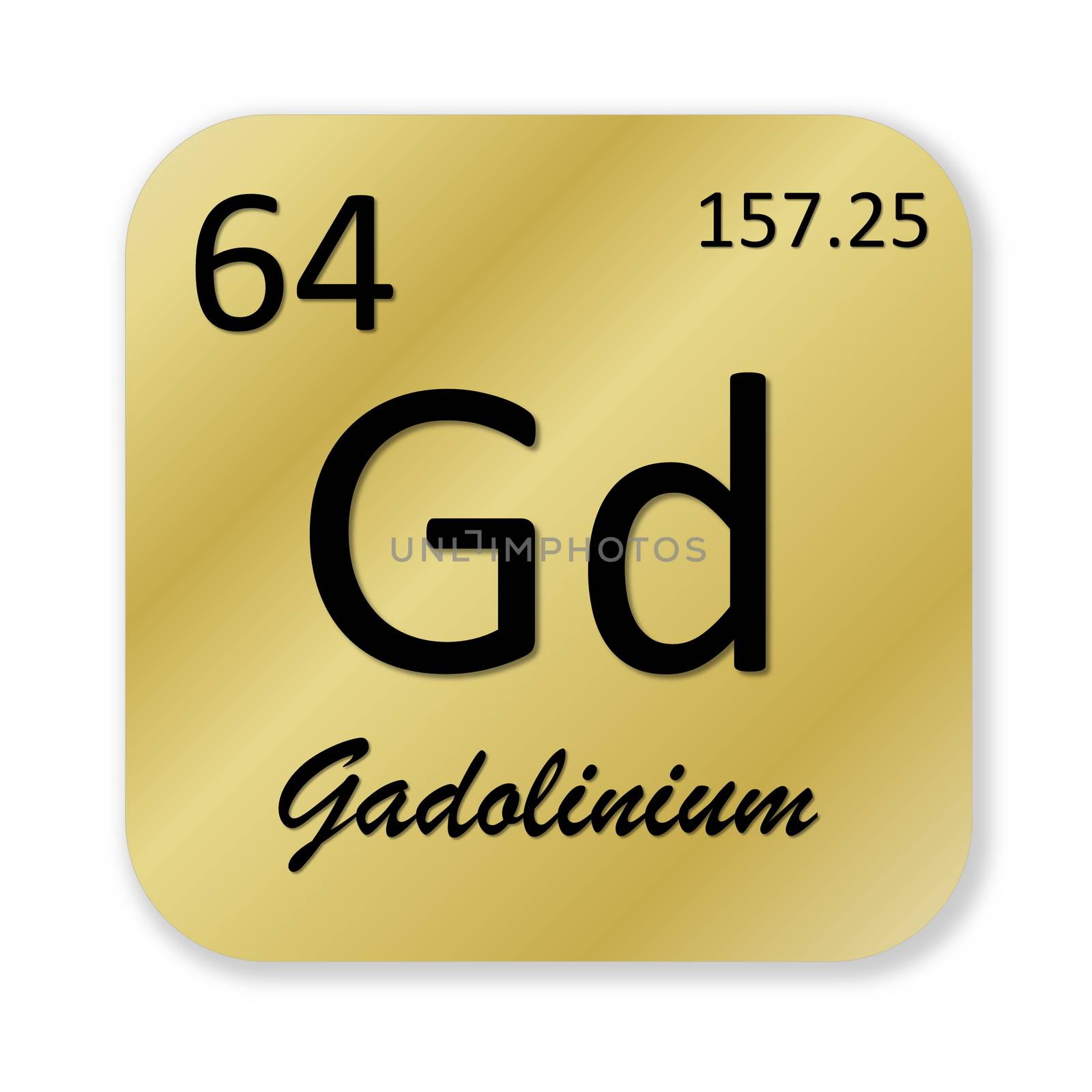 Black gadolinium element into golden square shape isolated in white background