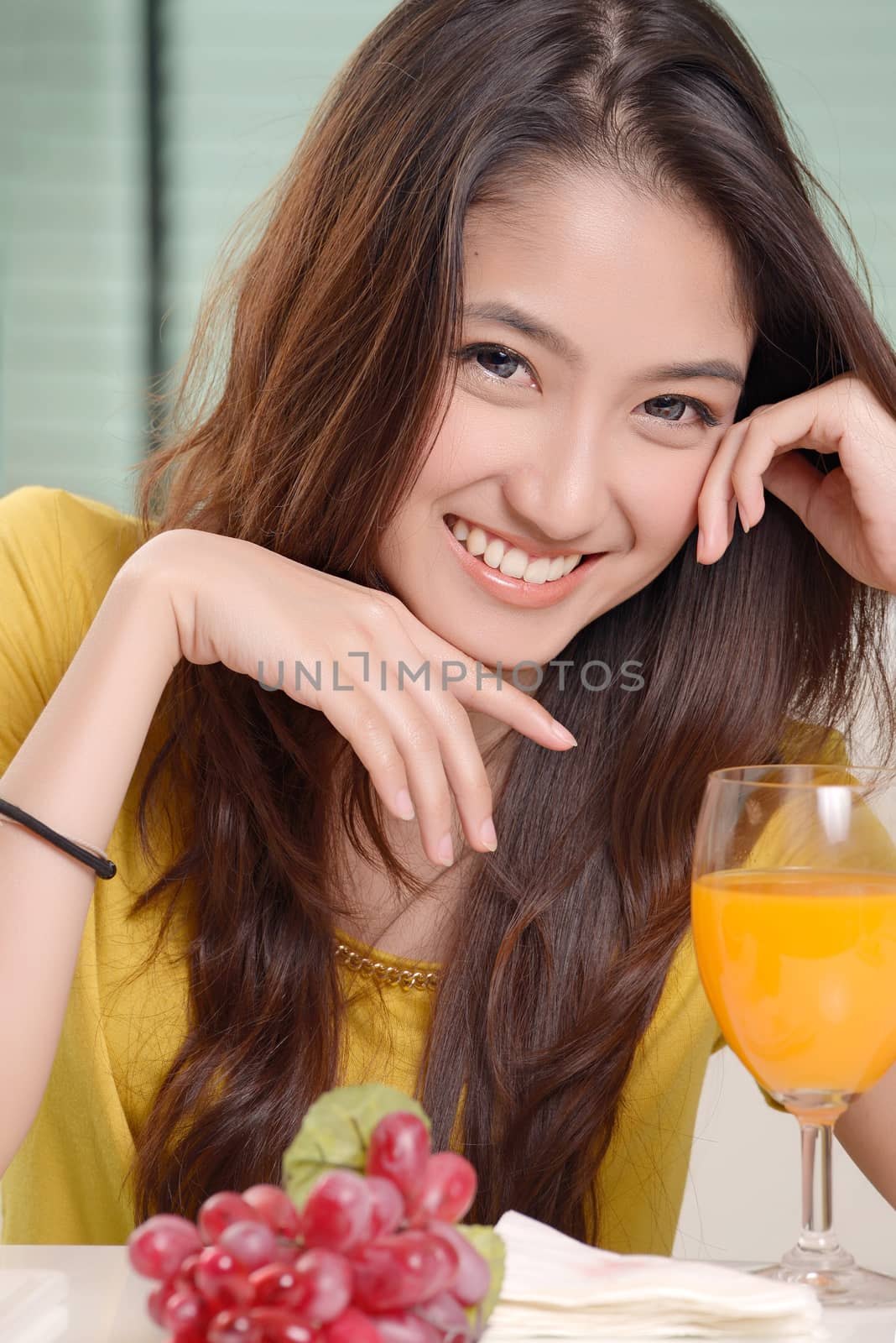 Asian young women cute woman drinking orange juice by Yuri2012