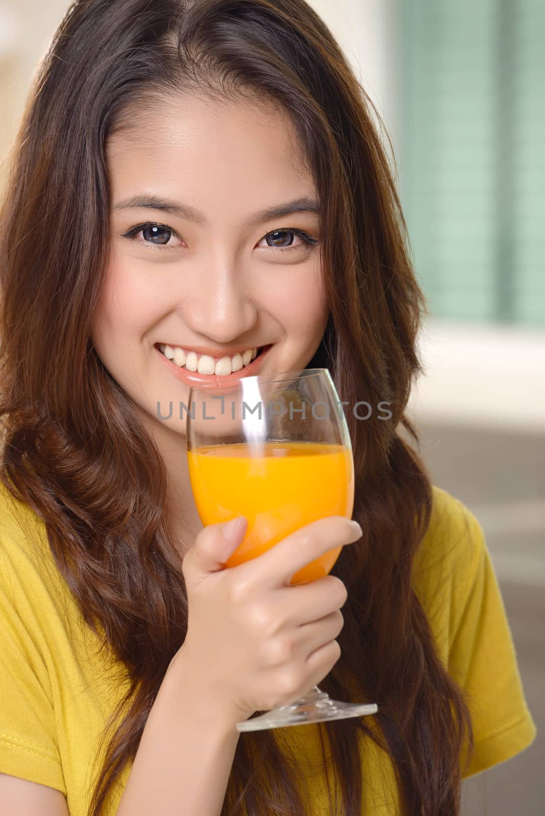 Asian young women cute woman drinking orange juice by Yuri2012