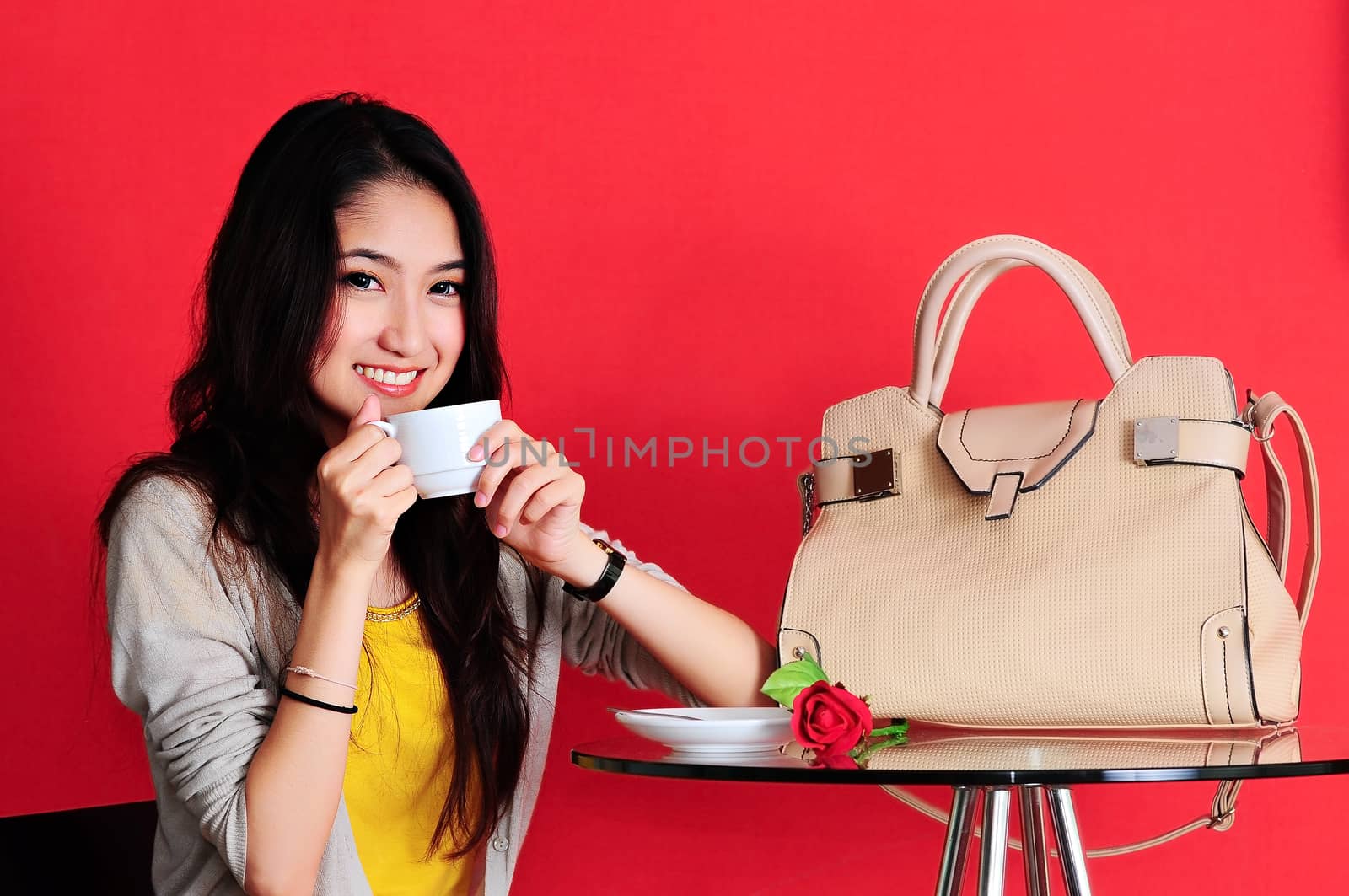 Asian young women cute woman drinking coffee and working by Yuri2012