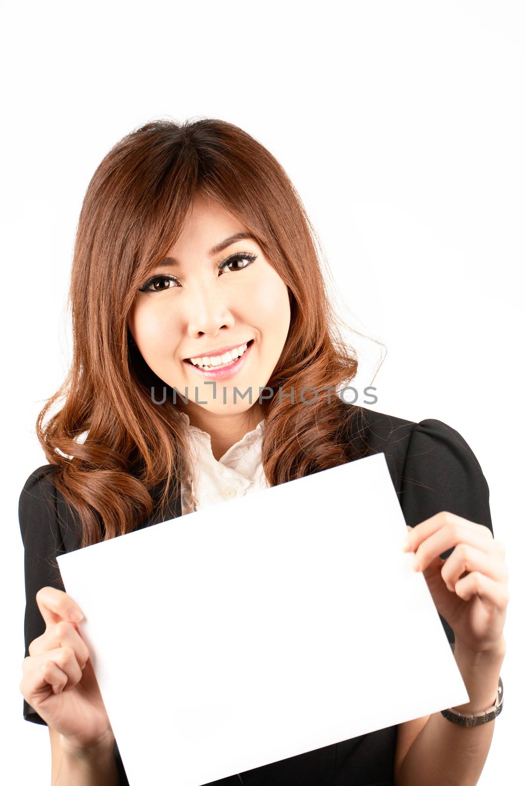 Business woman hold white banner. Young professional worker.