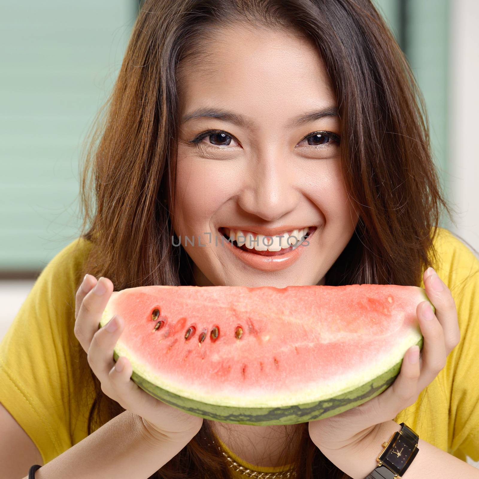 Young Asian cute woman and Eating watermelon by Yuri2012