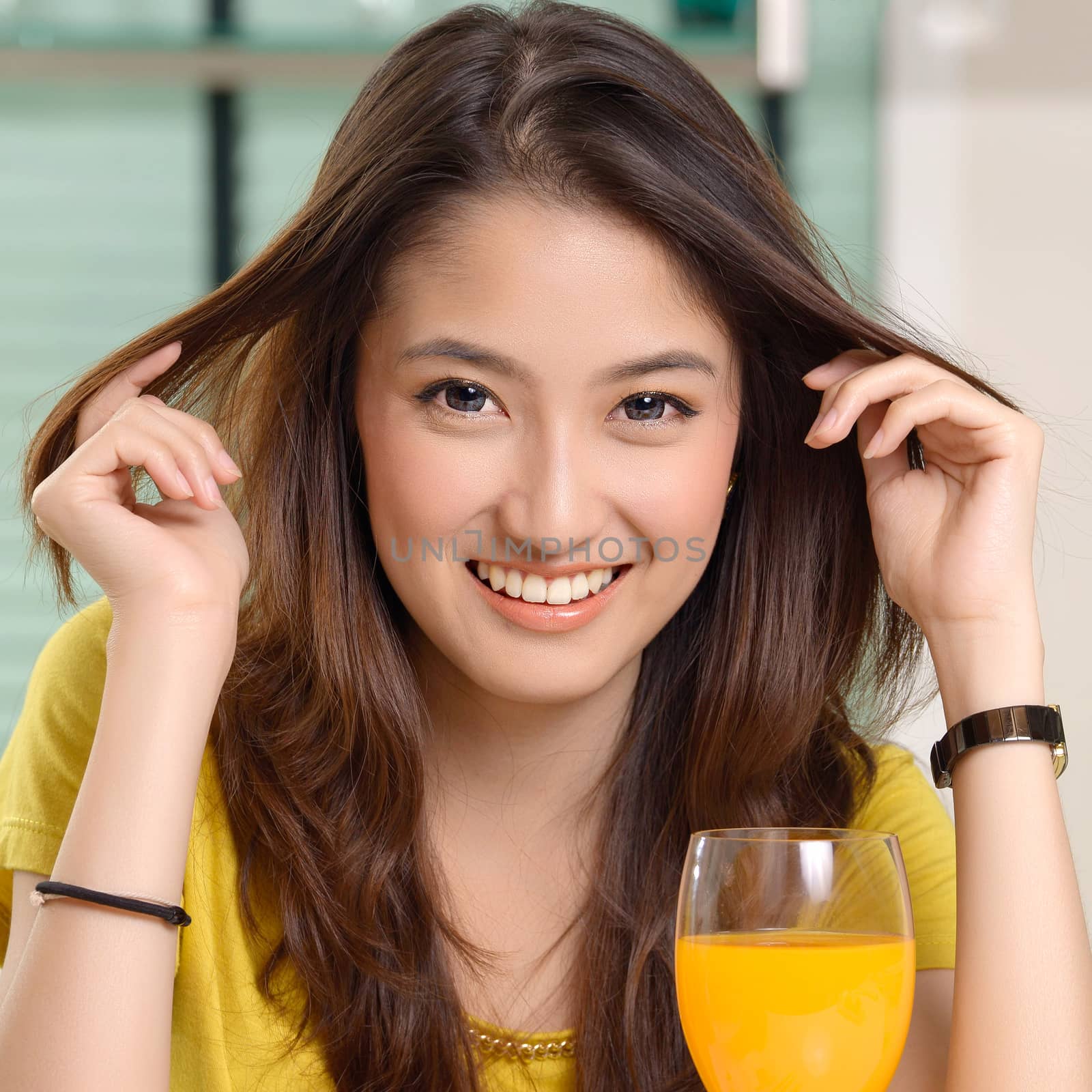 Asian young women cute woman drinking orange juice by Yuri2012