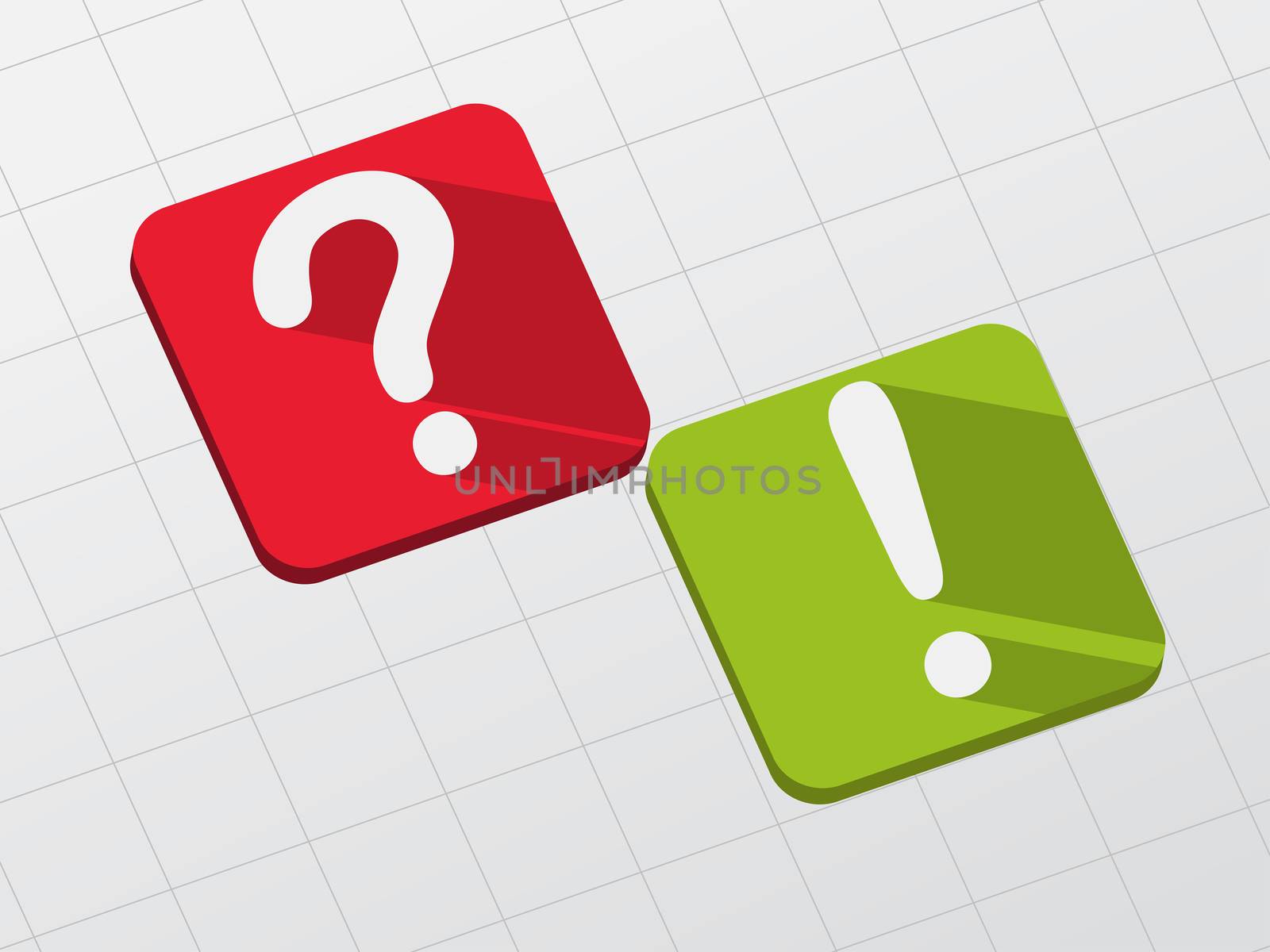 question and exclamation signs - symbol in red and green flat design blocks, business concept