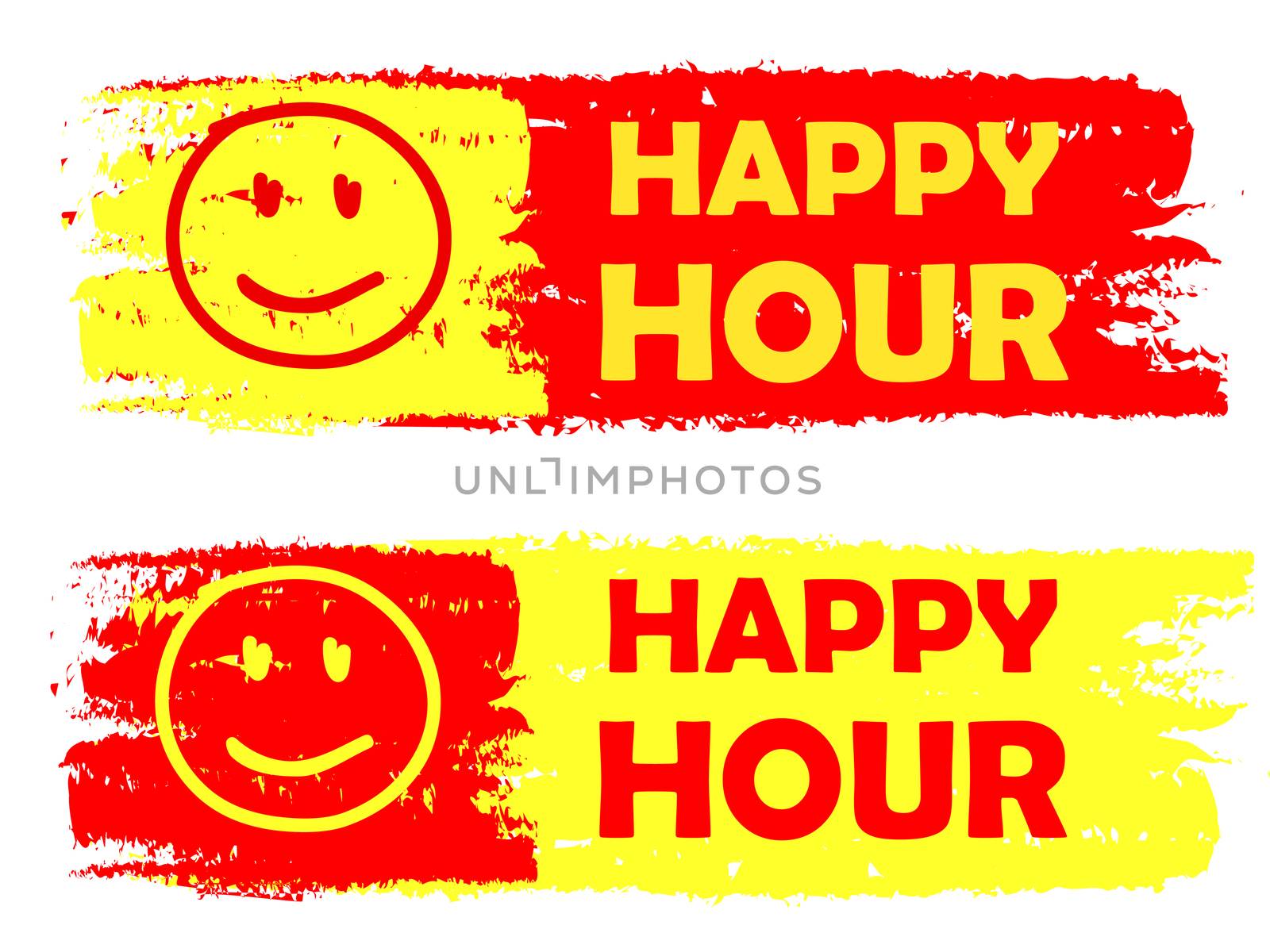 happy hour with smile sign, yellow and red drawn labels by marinini
