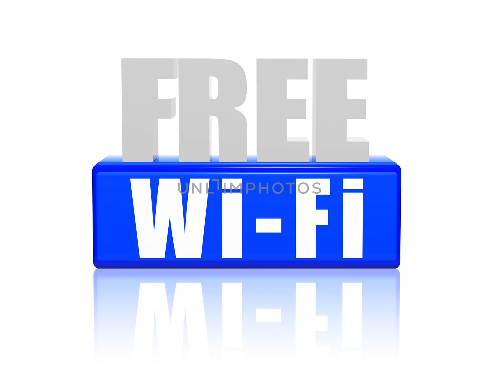 free wi-fi text - 3d blue and white letters and block, wireless sign, internet connection concept