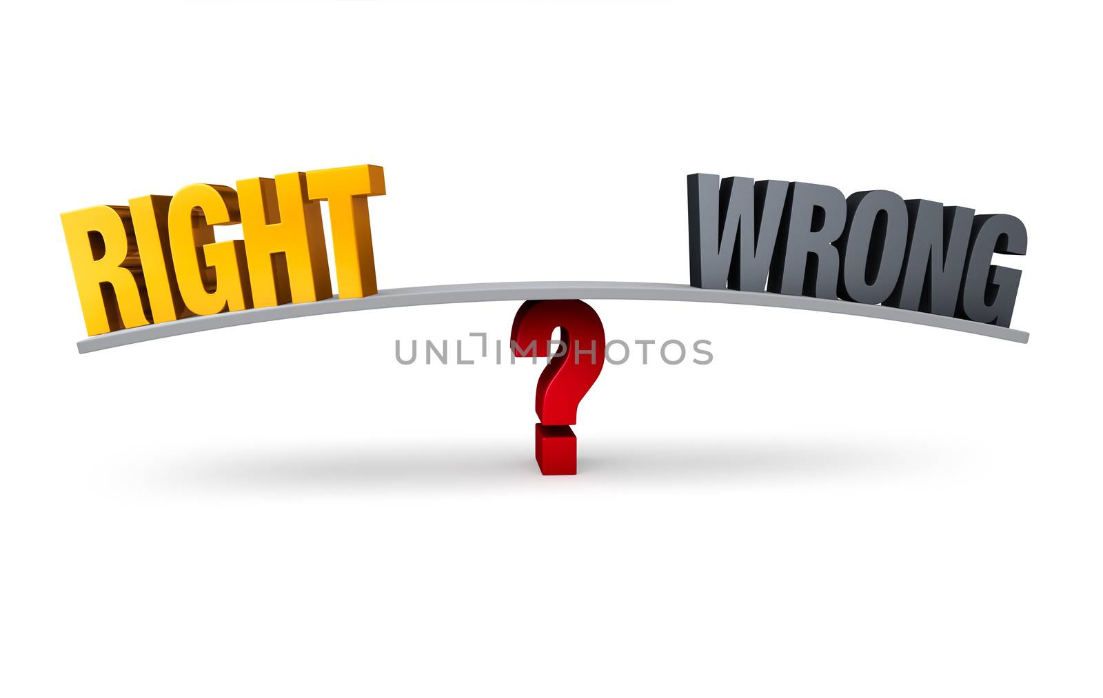 Bright, gold "RIGHT" and dull gray "WRONG" sit on opposite ends of a gray board which is balanced on a red question mark. Isolated on white.