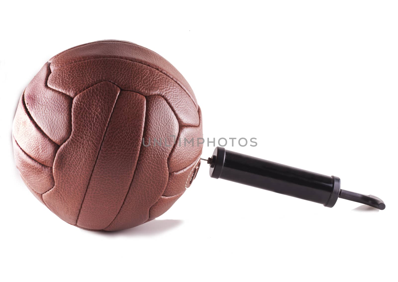 Pump inflating vintage football, isolated over white