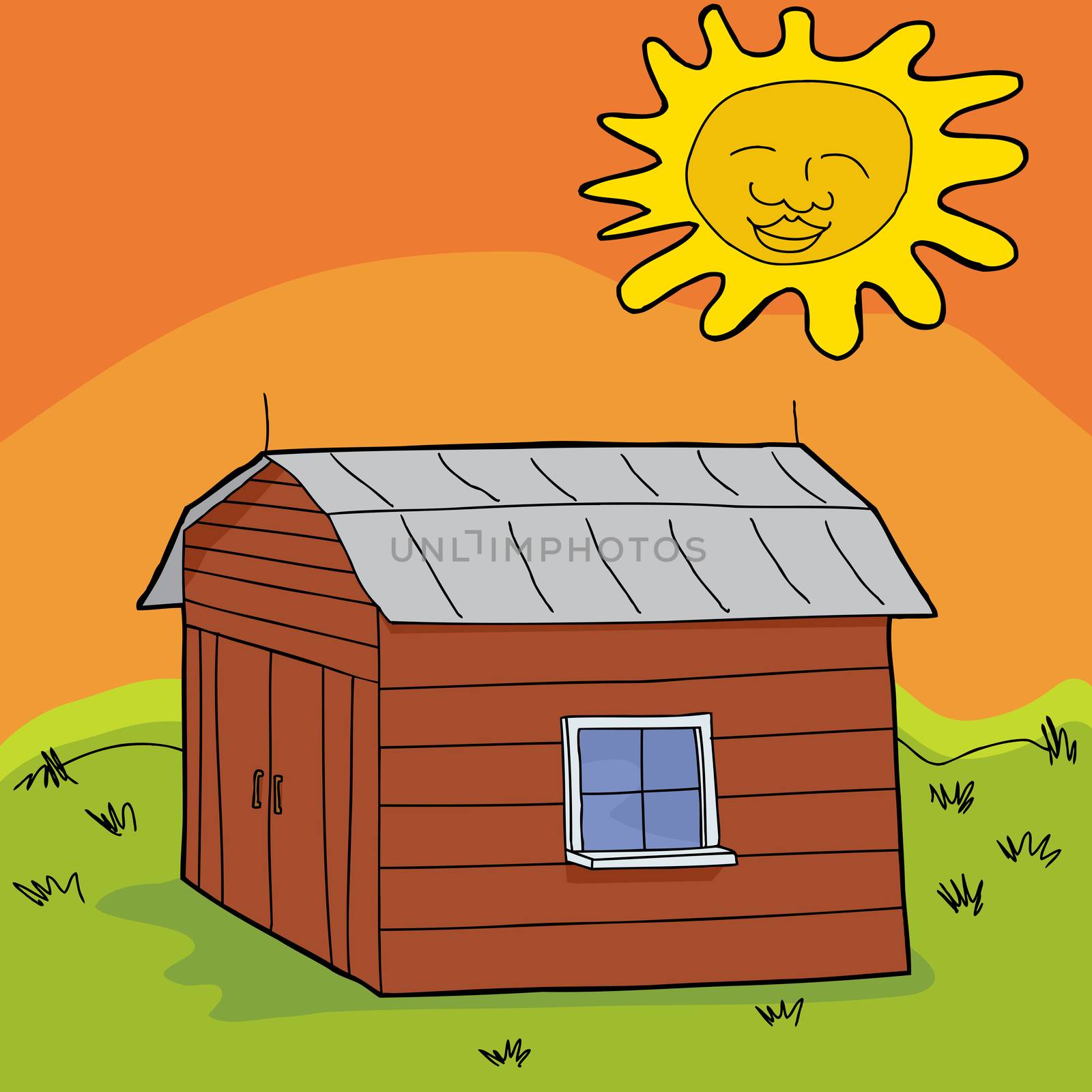 Hot sun over cartoon barn with closed doors