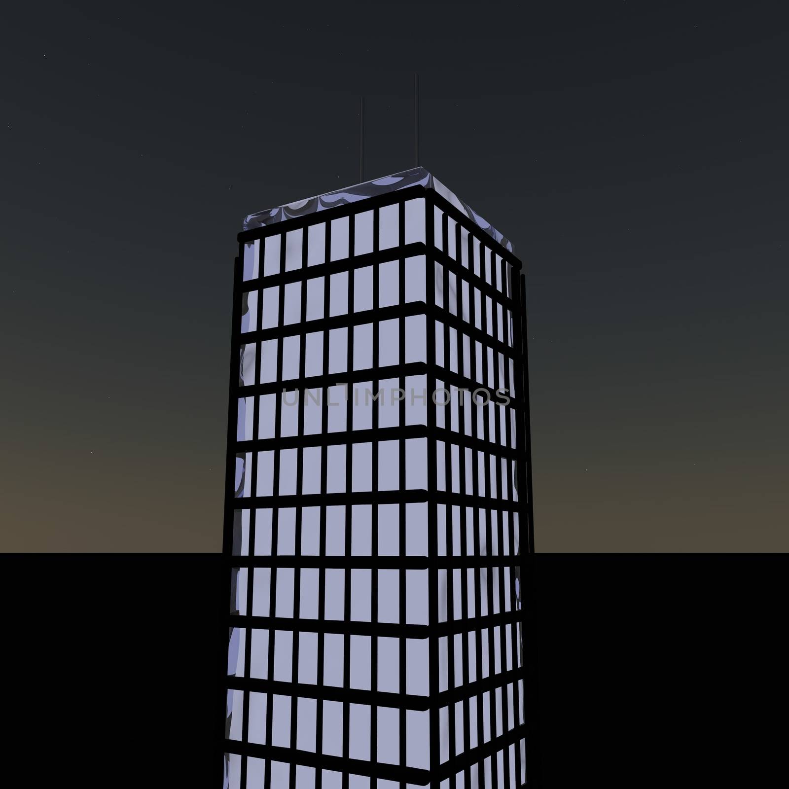 Skyscraper in the night sky, 3d render