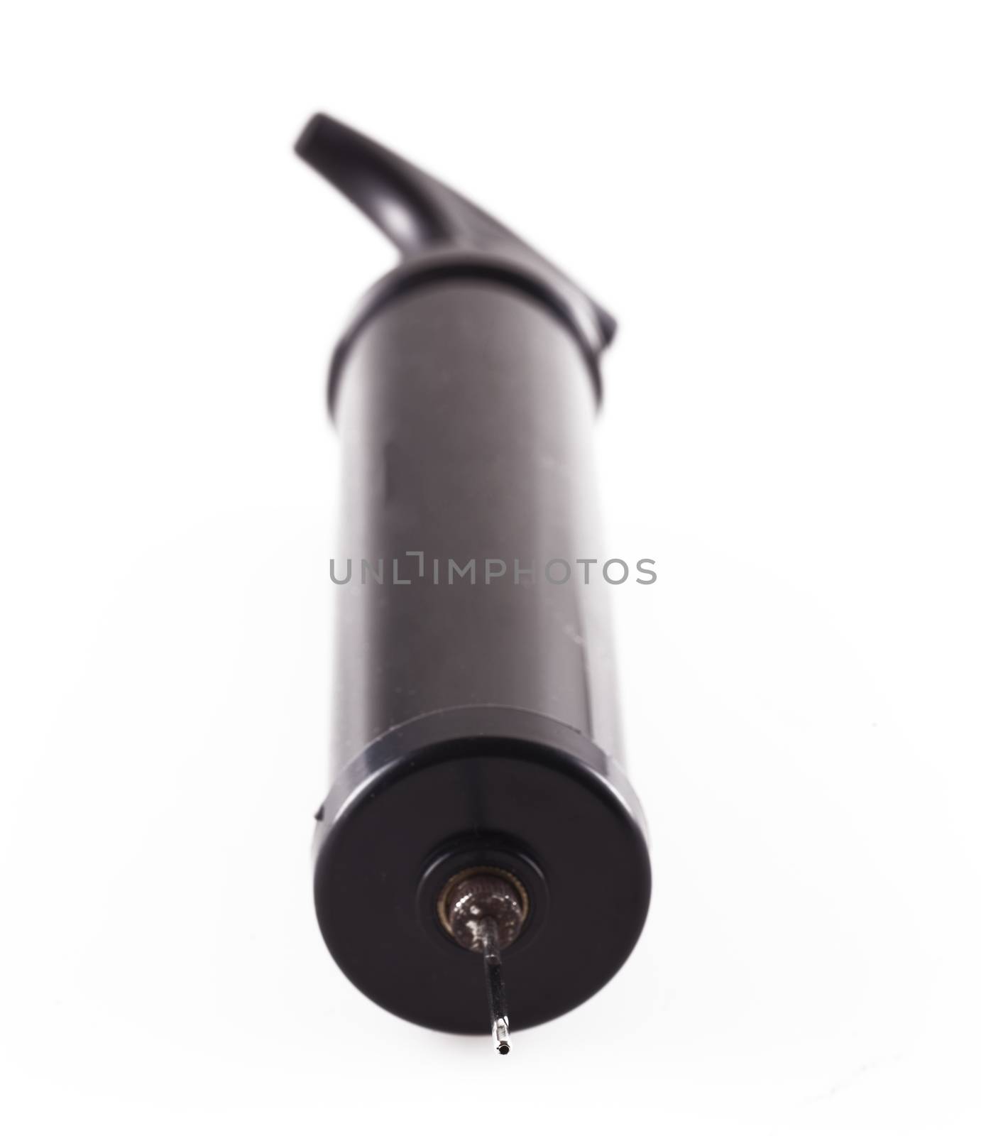 Black pump to inflate isolated over white background, focus on the needle 