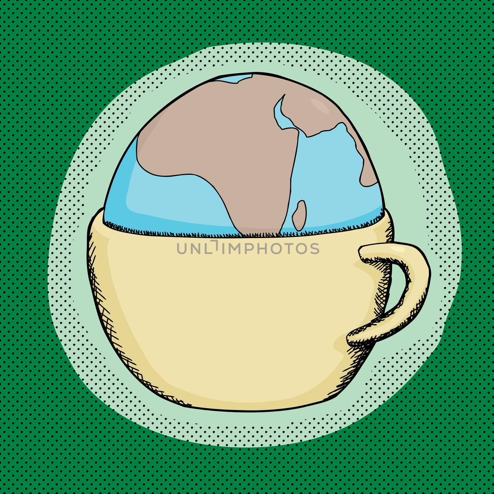 Cartoon of globe inside a cup over green