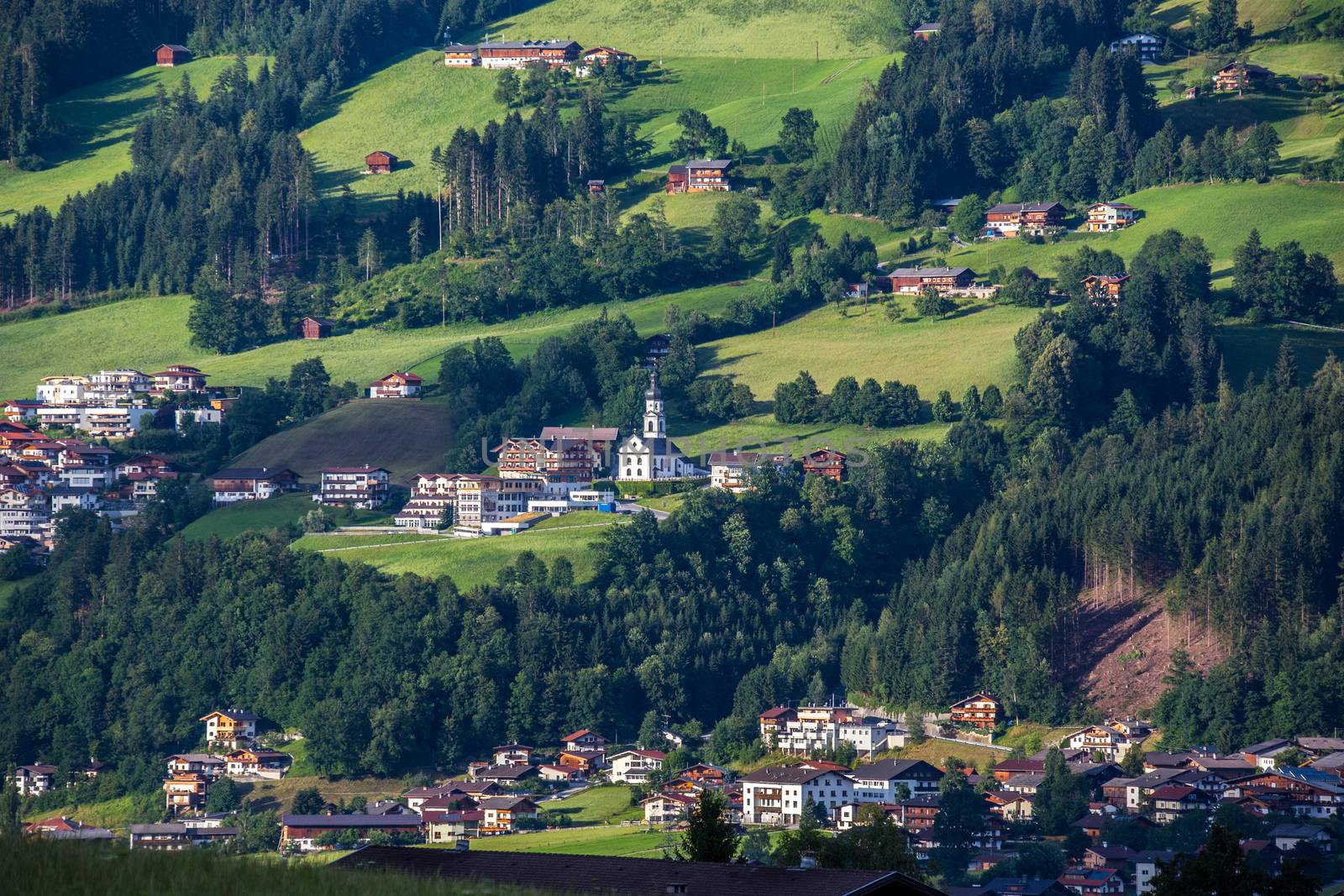 Aerial view of the village in mountains Alps Austria