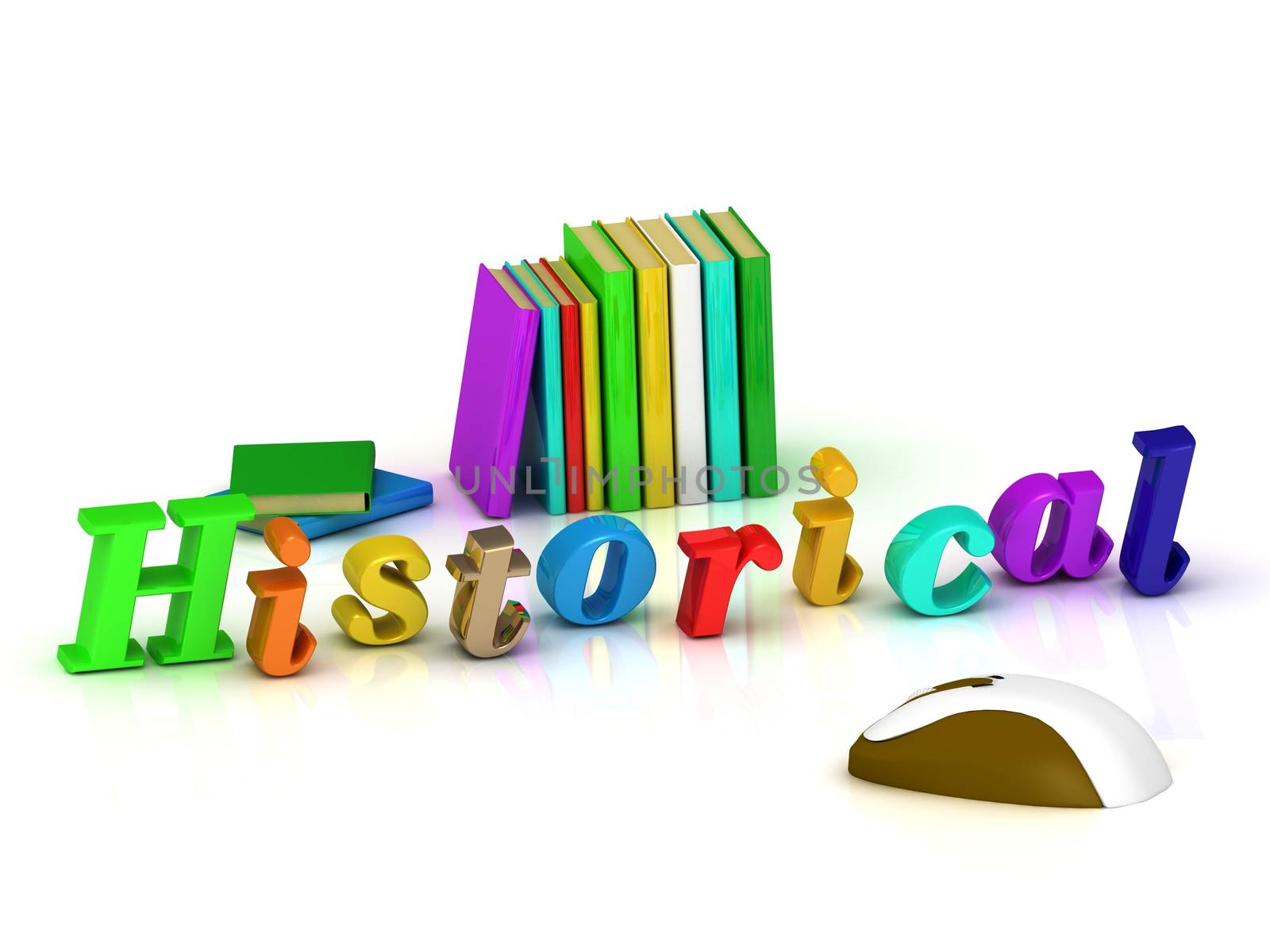 historical 3d inscription bright volume letter and textbooks and computer mouse on white background