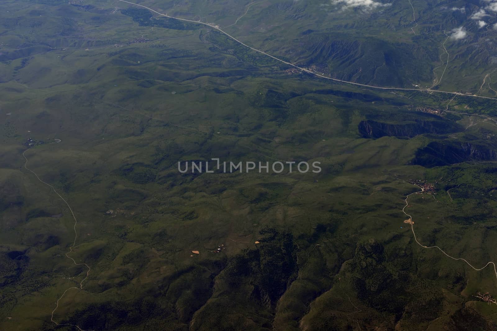 Mountains covered with trees. Top view. Natural landscape