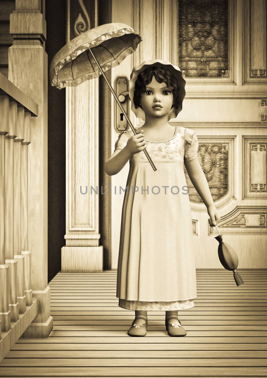 3D digital render of a cute vintage girl holding a purse and a parasol standing near the beautiful retro house, painting effect and sepia coloration