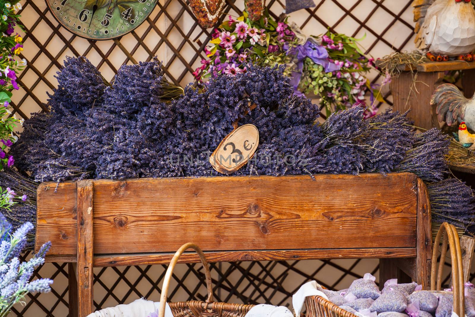 Close up of lavander flowers bouquet on the wooden box