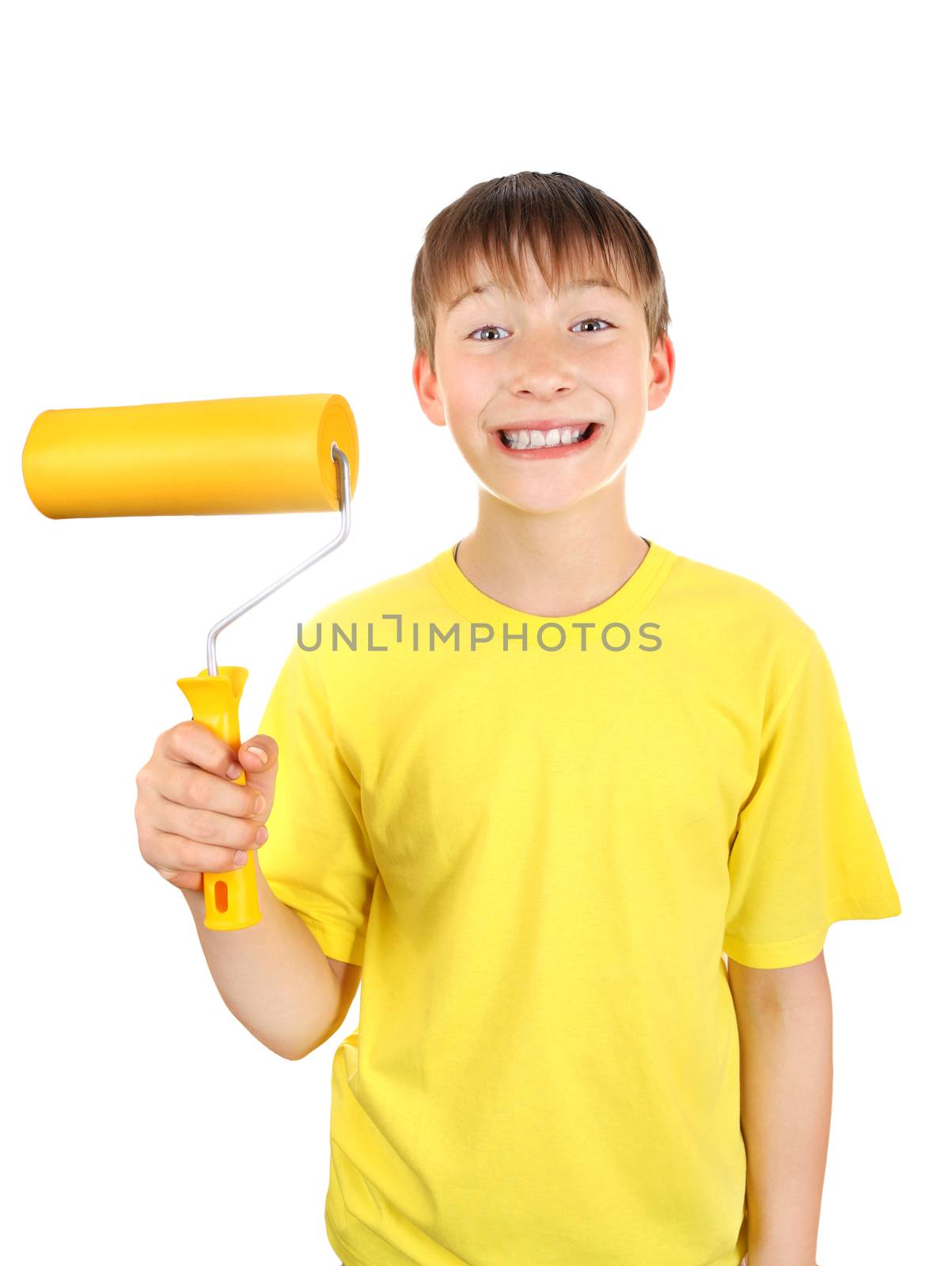 Cheerful Kid with Paint Roller Isolated on the White Background