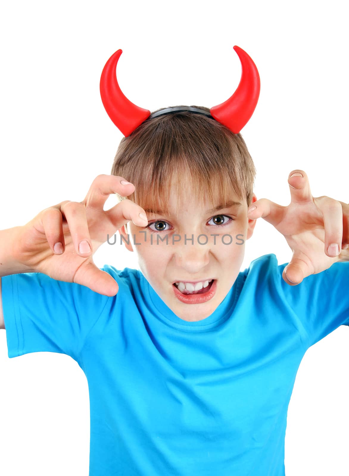 Sly Kid with Devil Horns on the Head Isolated on the White Background