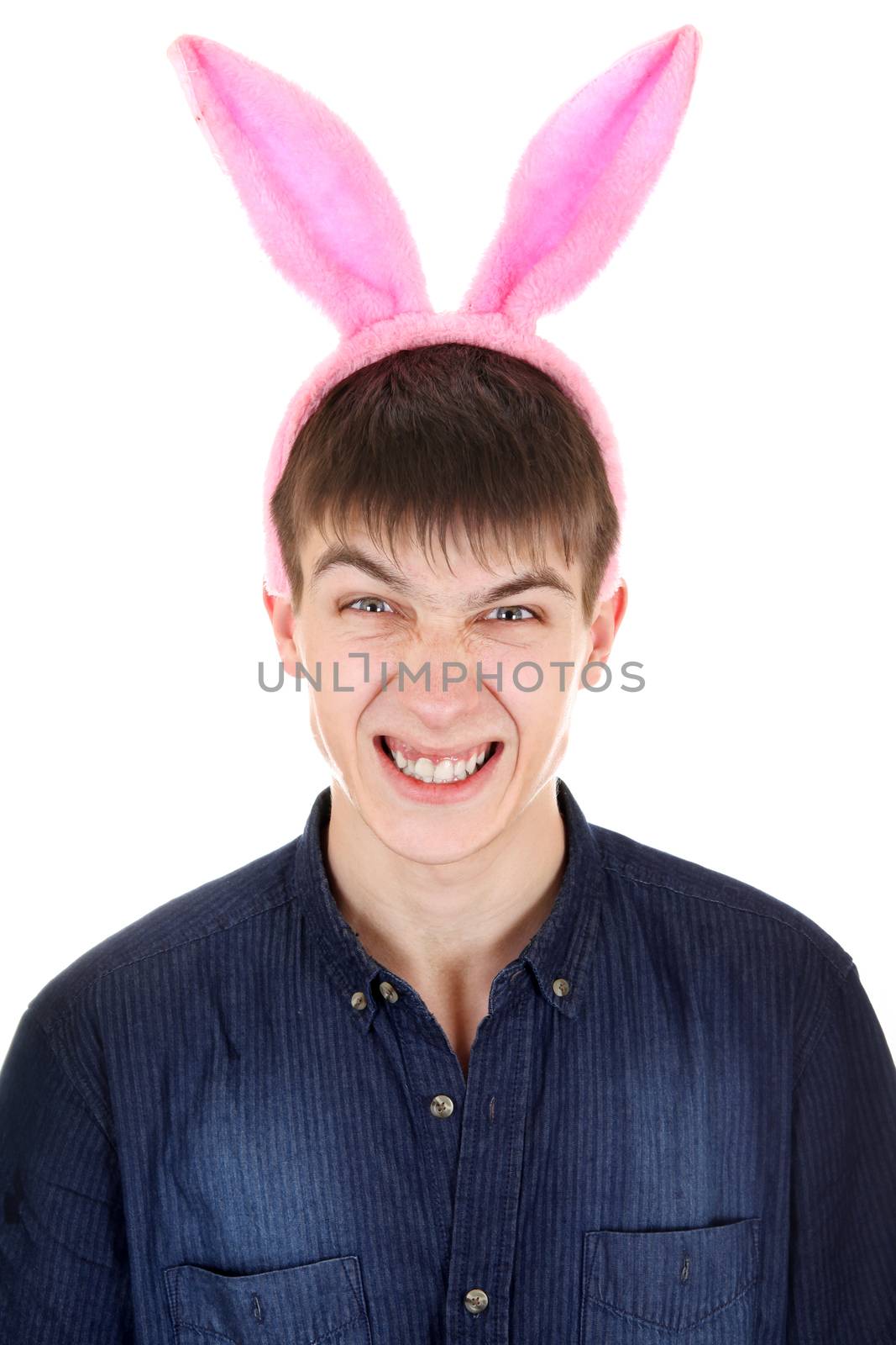 Angry Teenager with Bunny Ears Isolated on the White Background