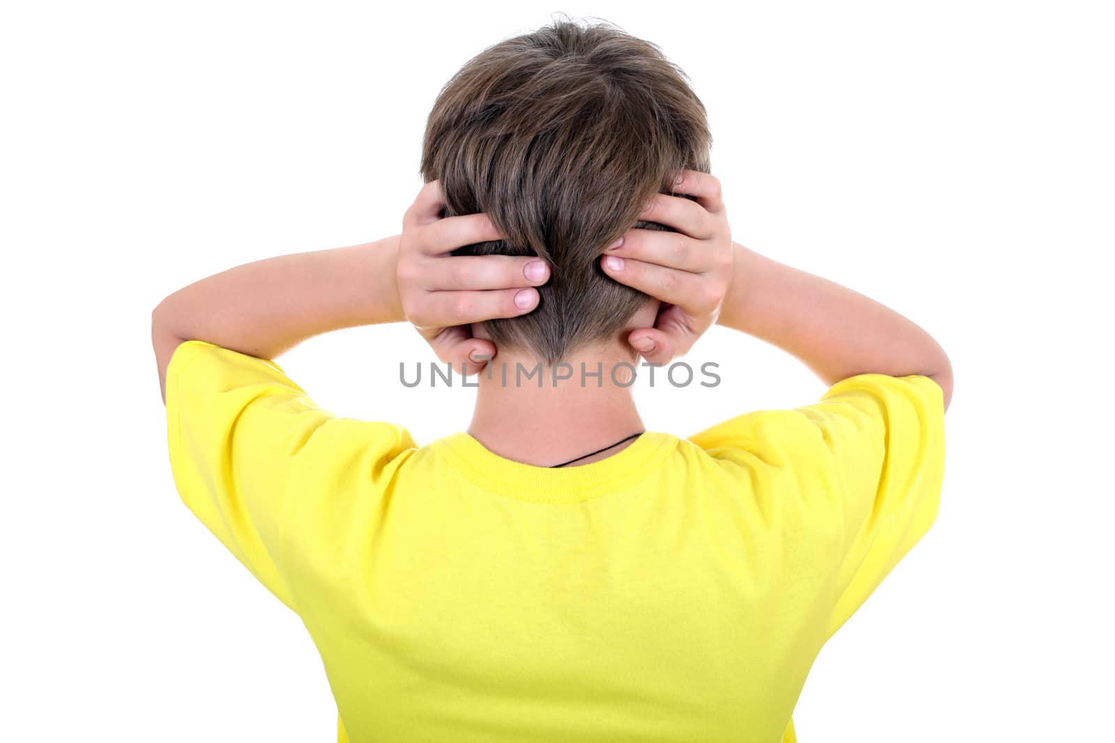 Rear view of a Kid with cover Ears Isolated on the White Background