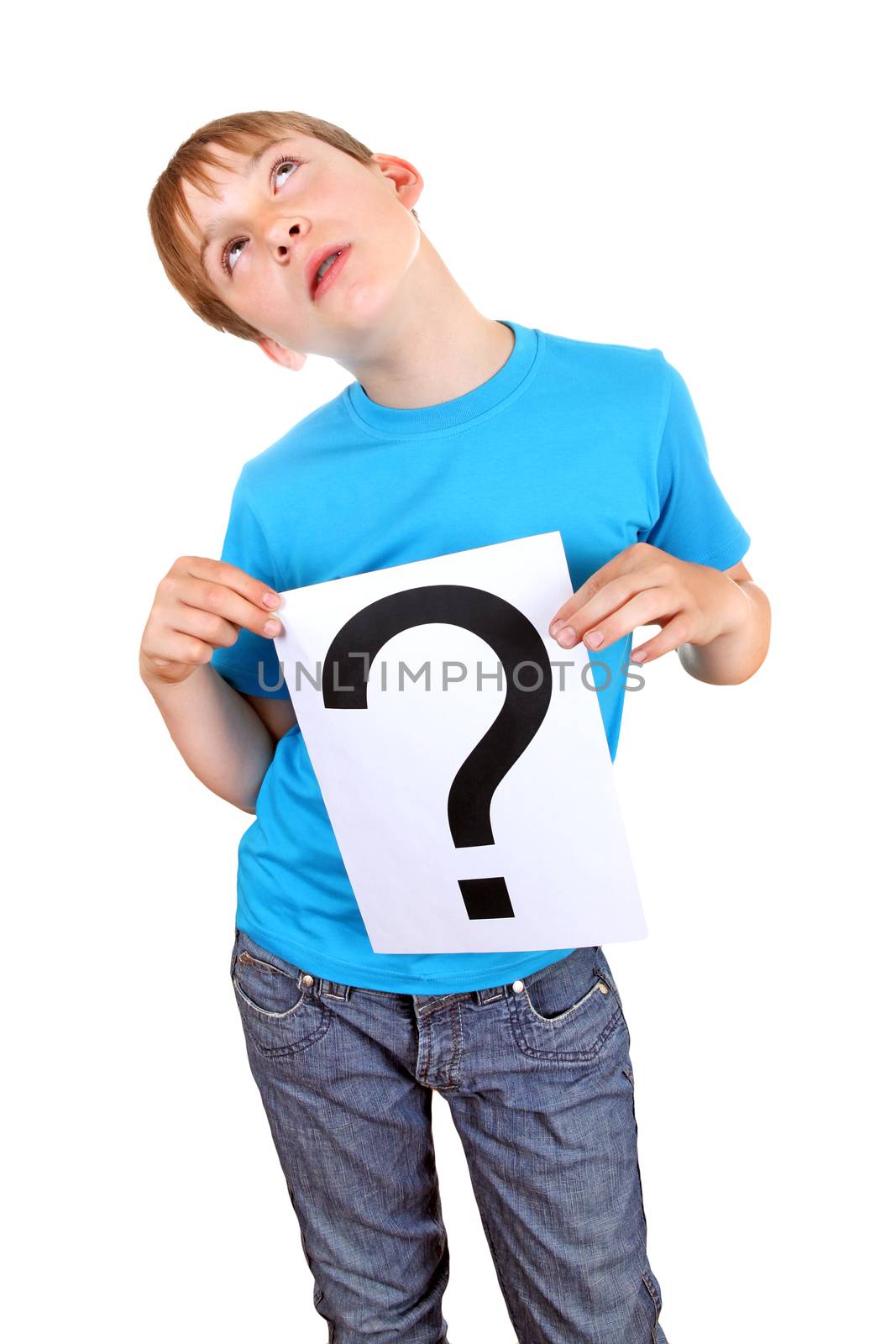 Kid holding a Paper with Question Mark on the White Background