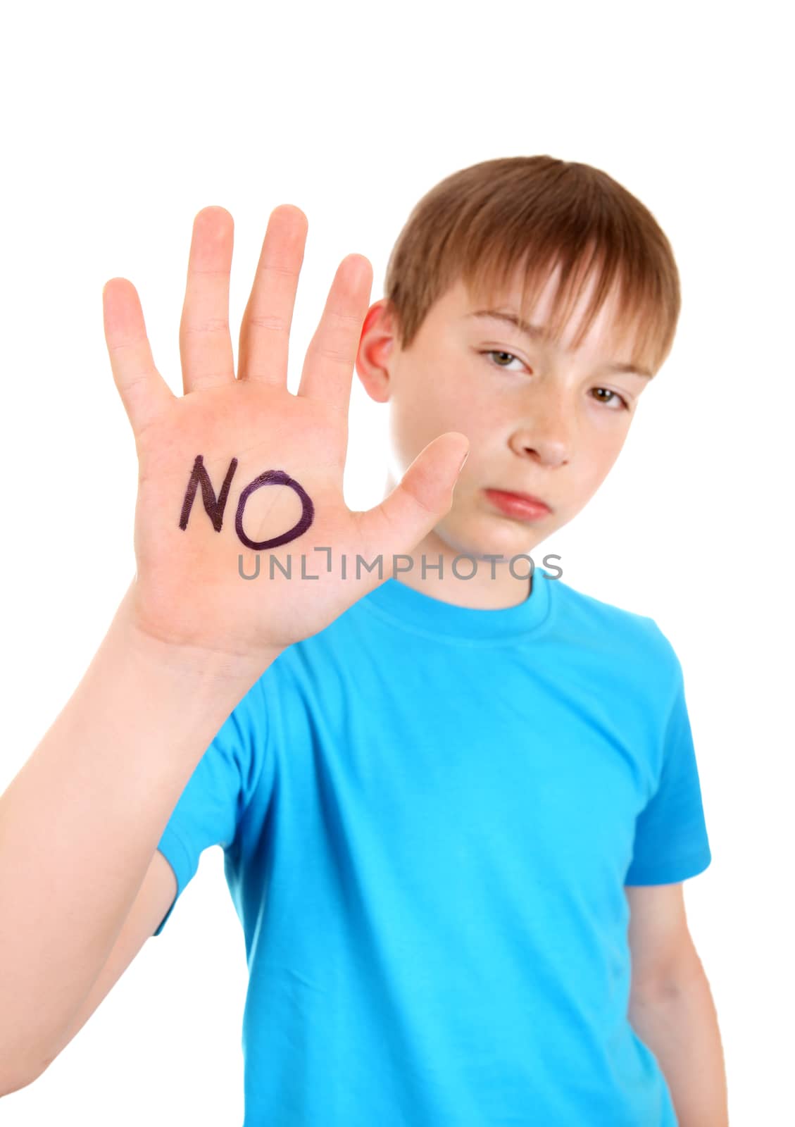 Focus on the Palm. Kid shows the palm gesture with an inscription NO