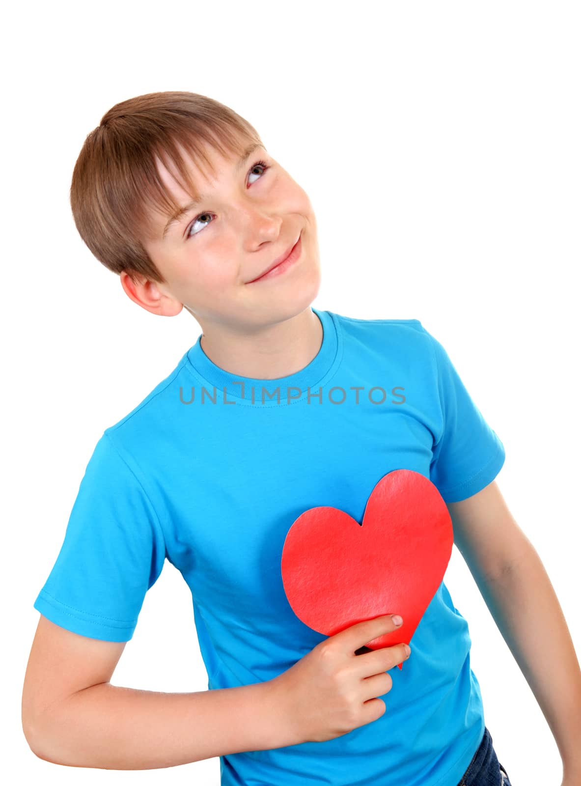 Kid with Red Heart Shape is Dreaming Isolated on the White Background