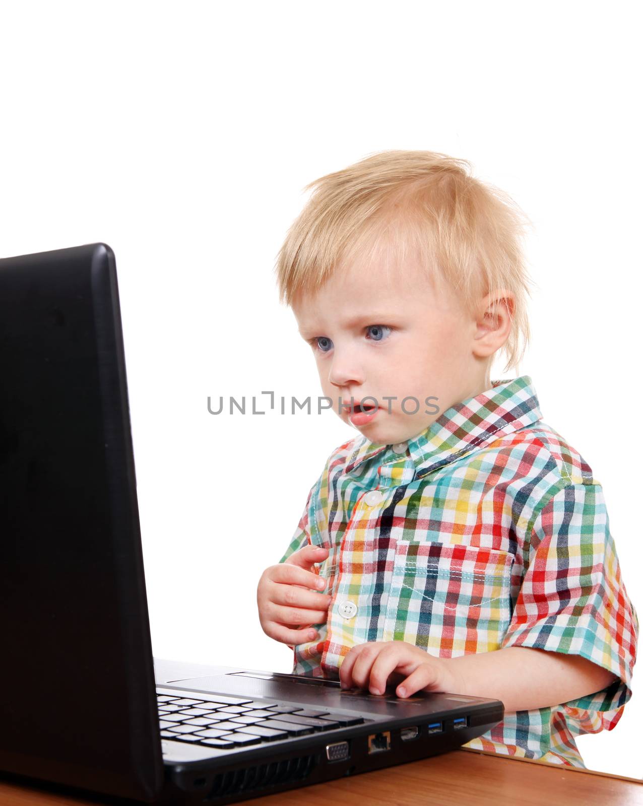 Baby Boy with Laptop Isolated on the White Background