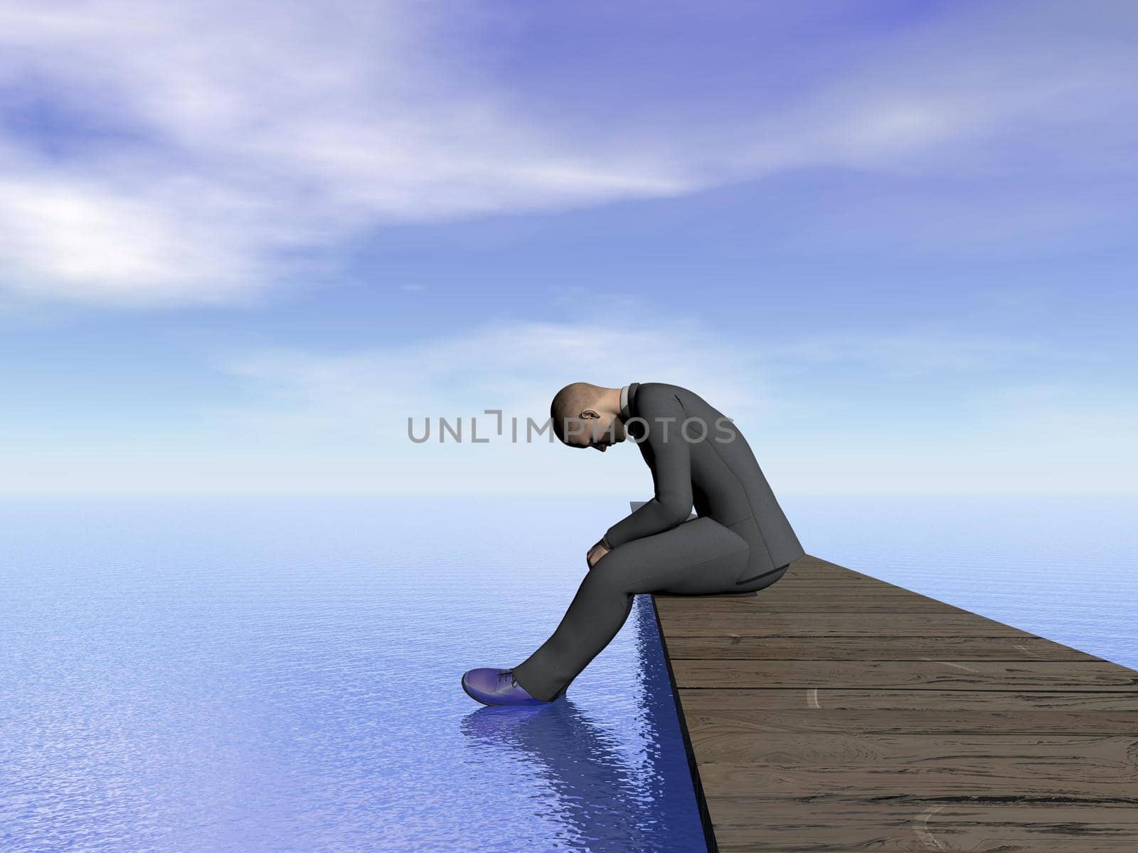 Businessman sitting on a pontoon feet in the water looking exhausted by day