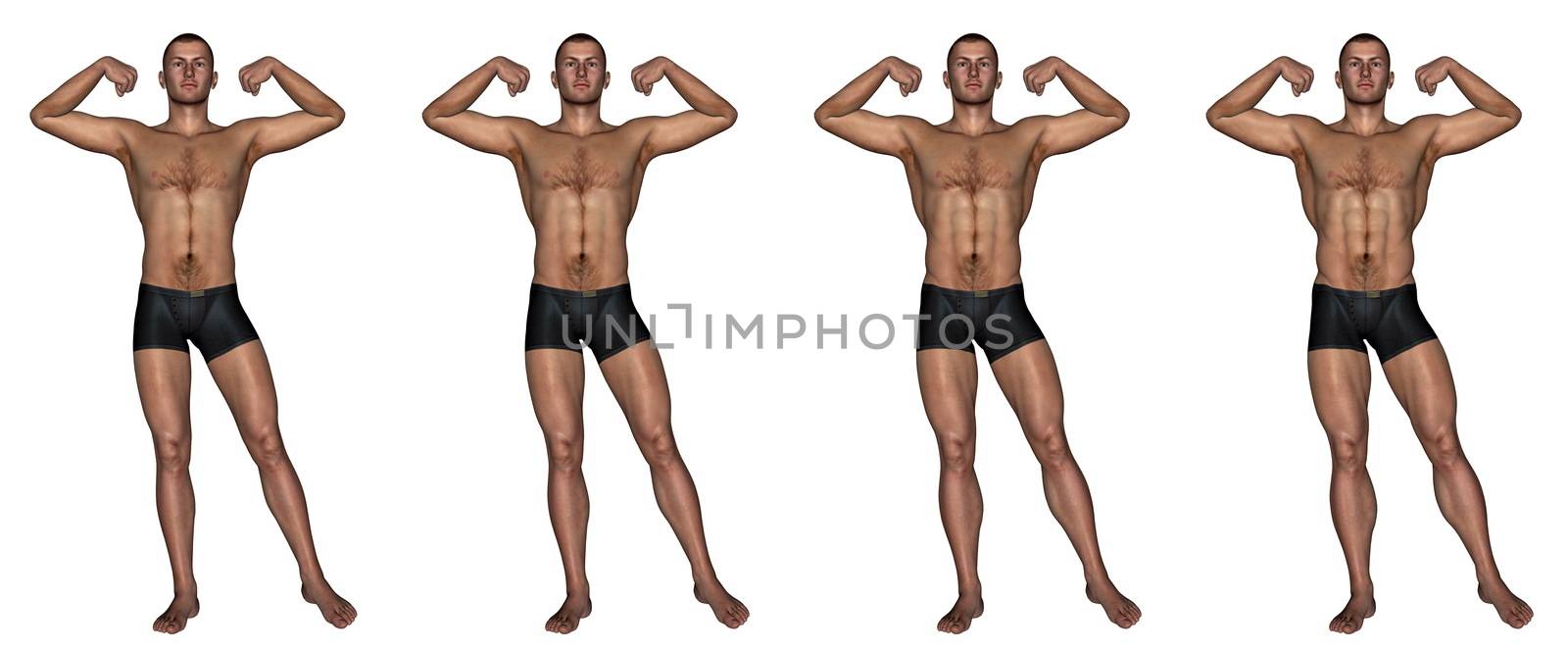 Set of four men showing progression to become a muscular man isolated in white background