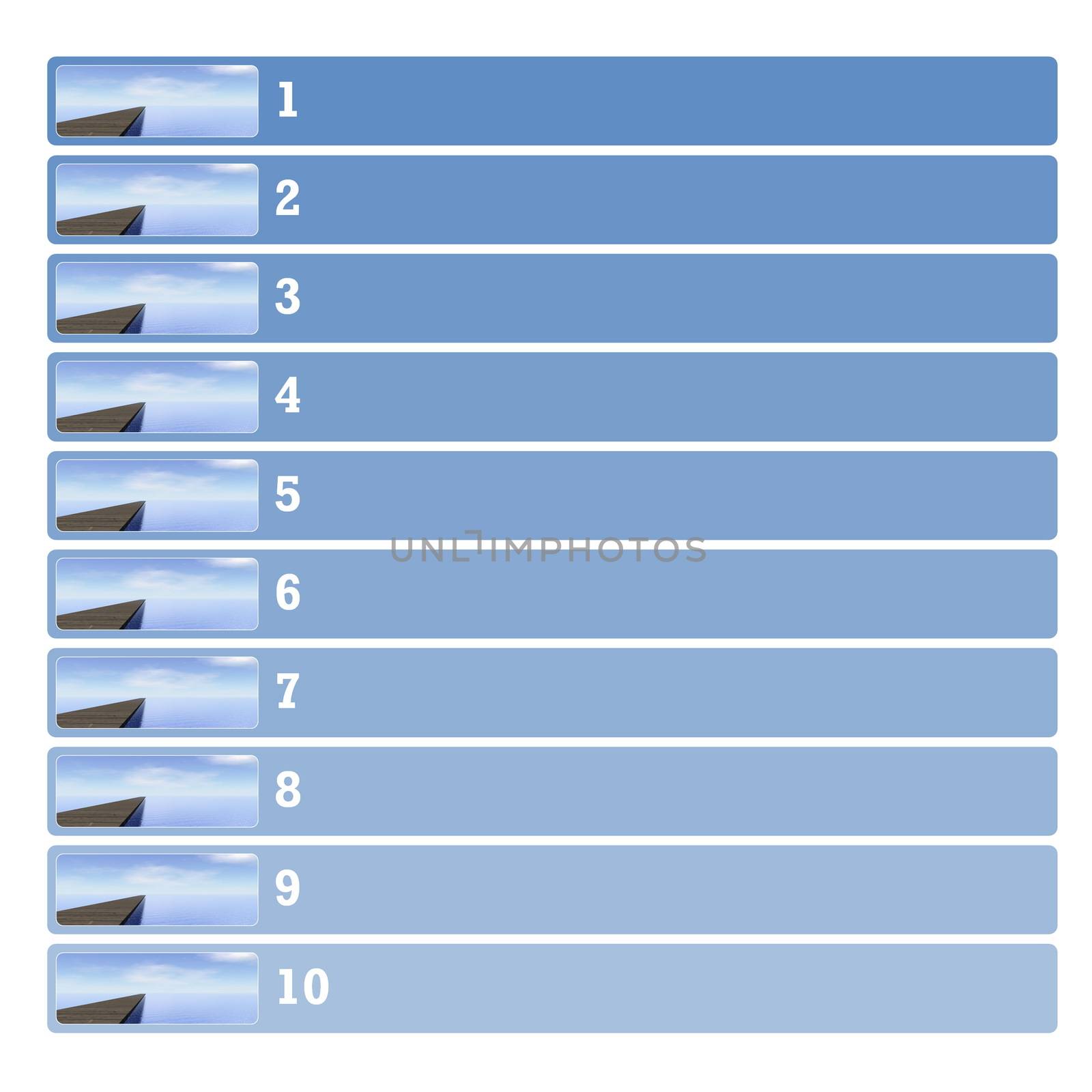 Business presentation diagram with ten steps and pontoon over the ocean illustration and blank area to write description