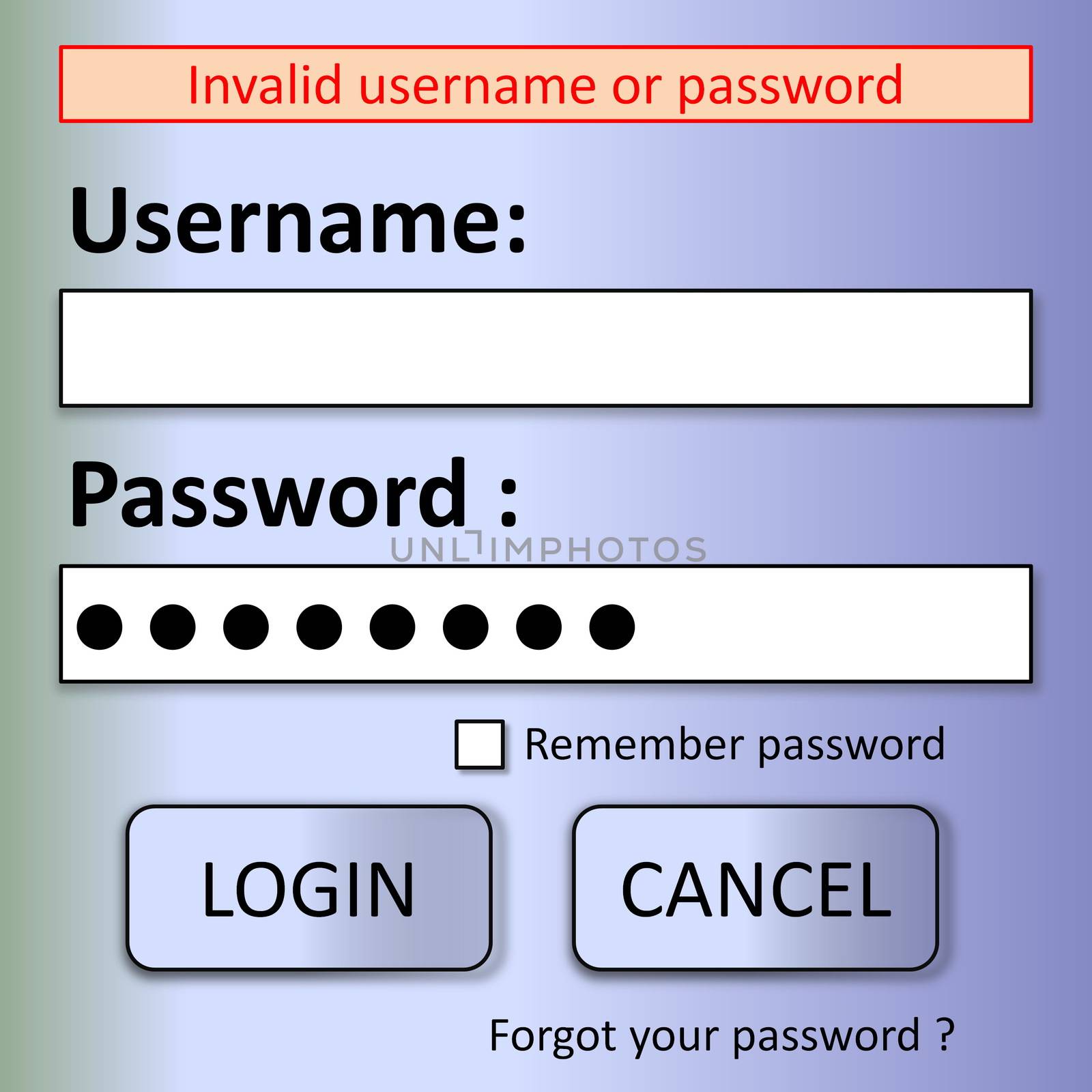 User login form with invalid username or password error